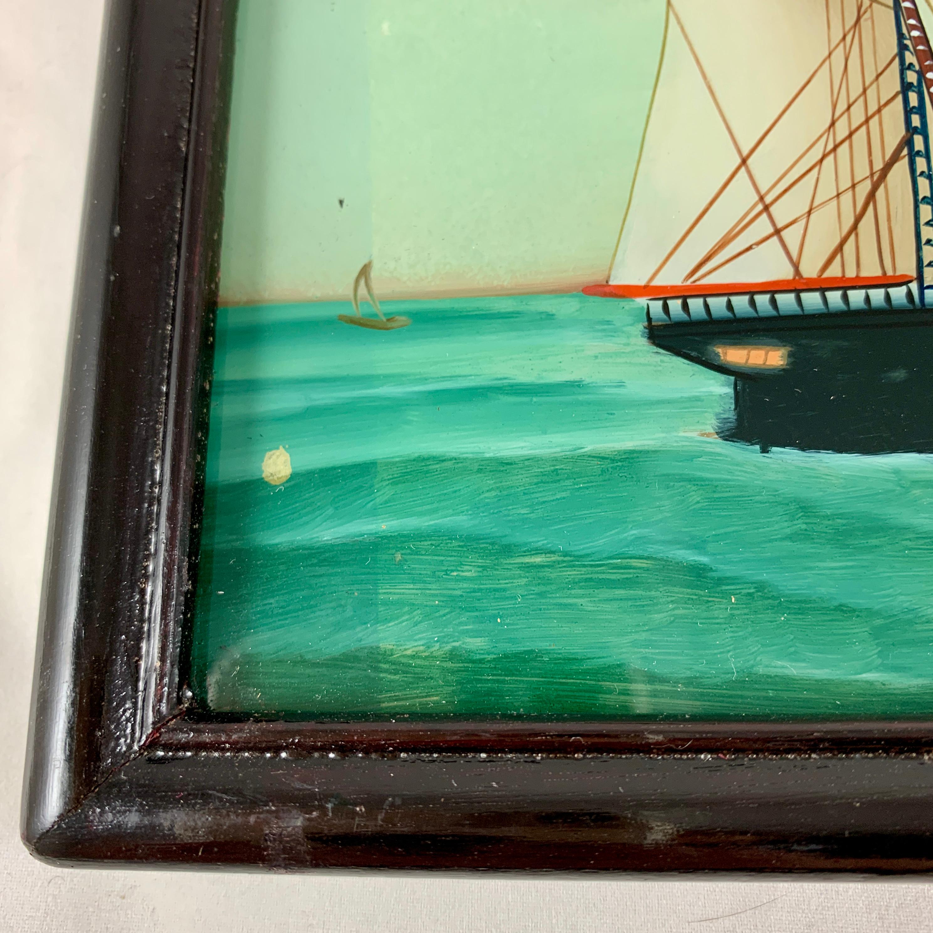 19th C. French Reverse Glass Sailboat Painting, Nautical Frigate Sur la Mer 1