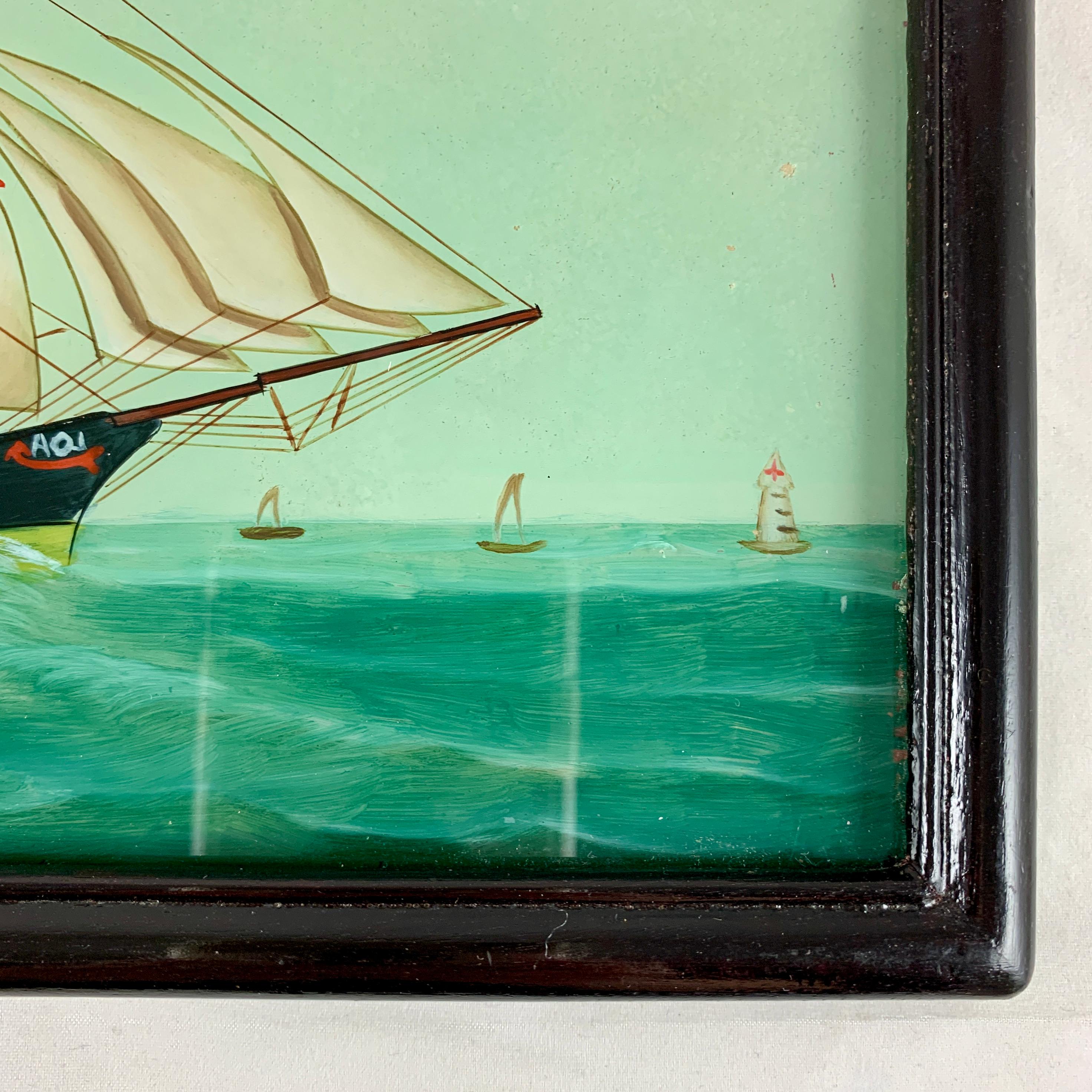 19th C. French Reverse Glass Sailboat Painting, Nautical Frigate Sur la Mer 2