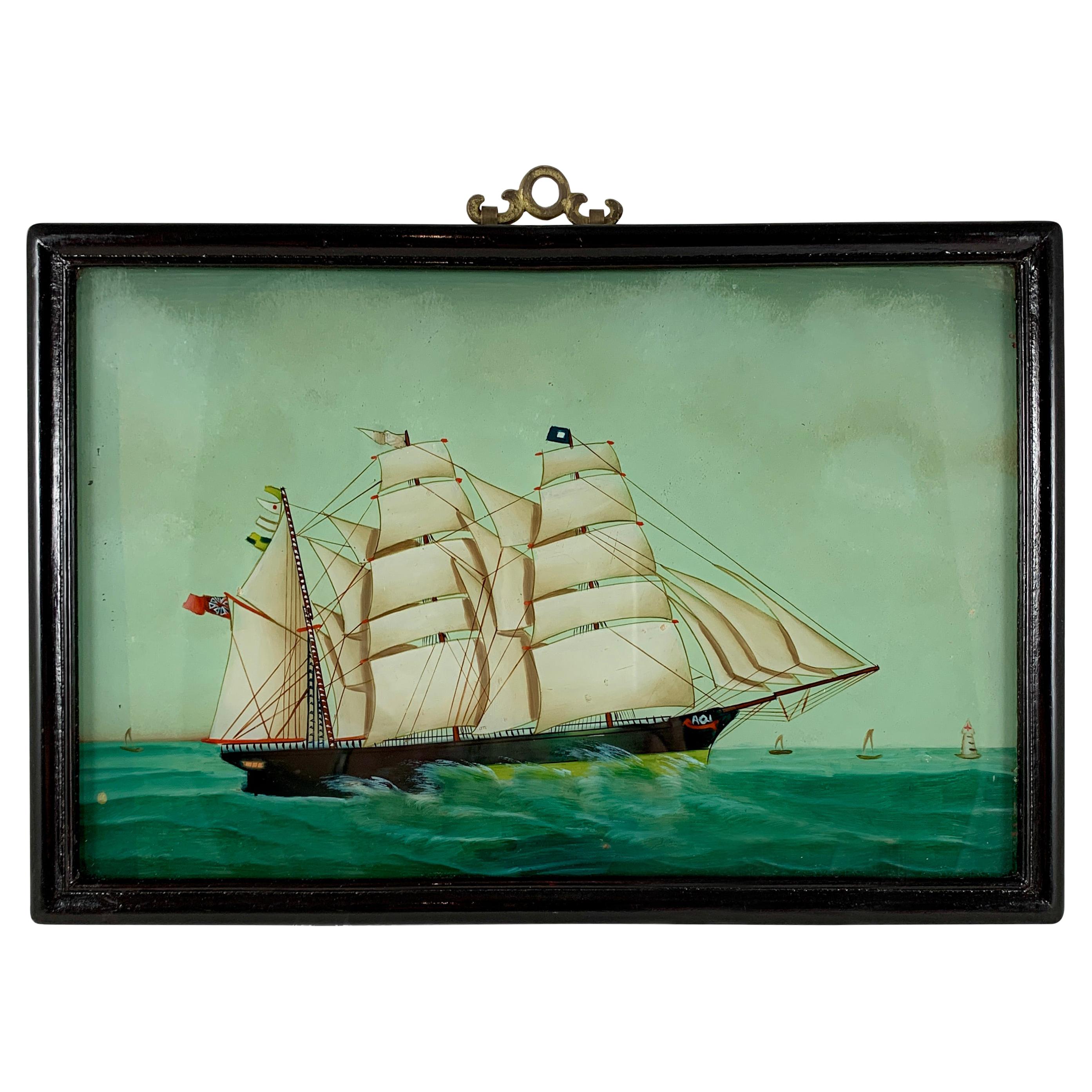 19th C. French Reverse Glass Sailboat Painting, Nautical Frigate Sur la Mer
