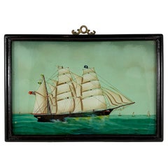 19th C. French Reverse Glass Sailboat Painting, Nautical Frigate Sur la Mer