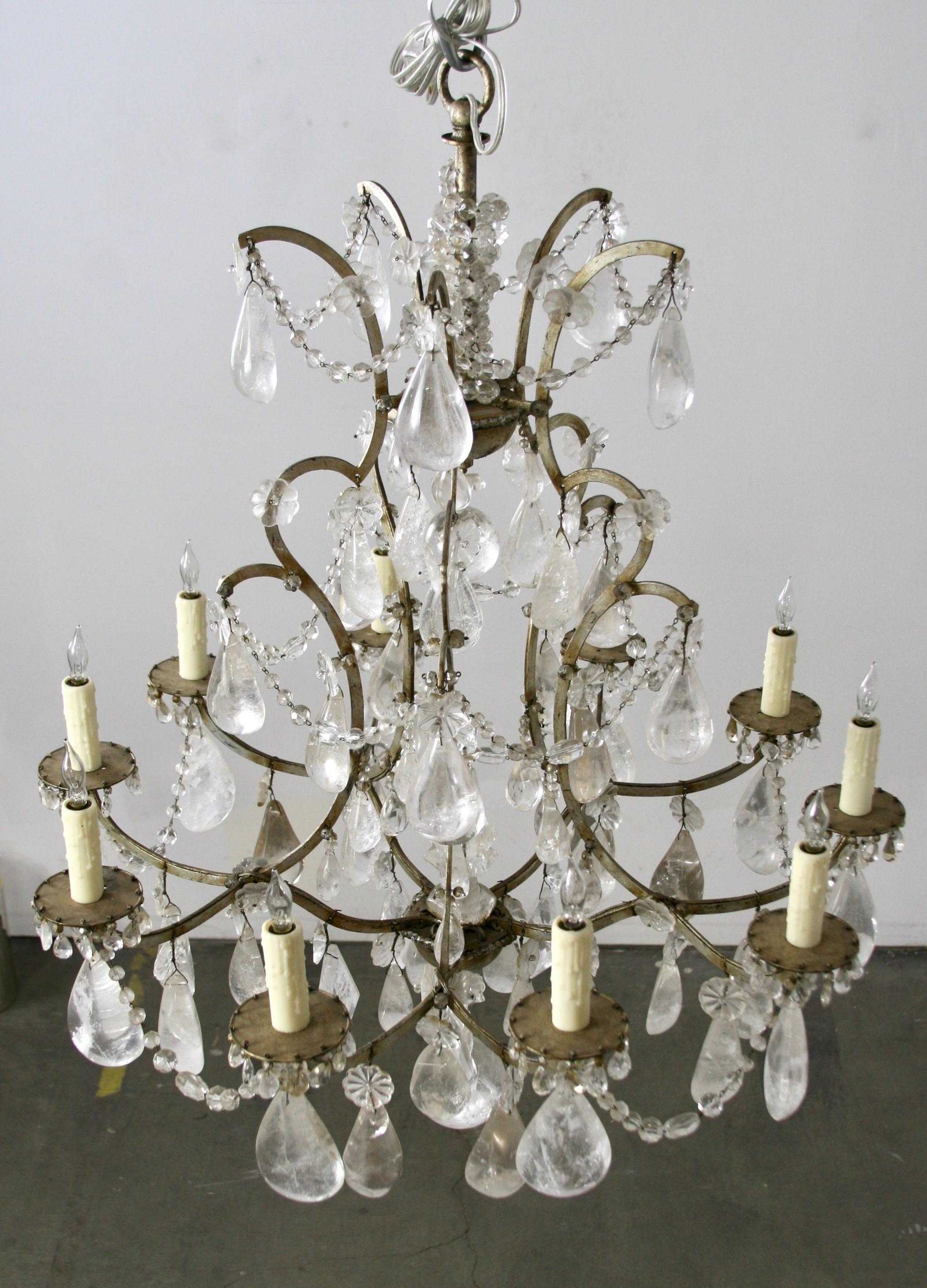 Louis XV 19th Century French Rock Crystal Chandelier,  gilded Cage, surface wired For Sale