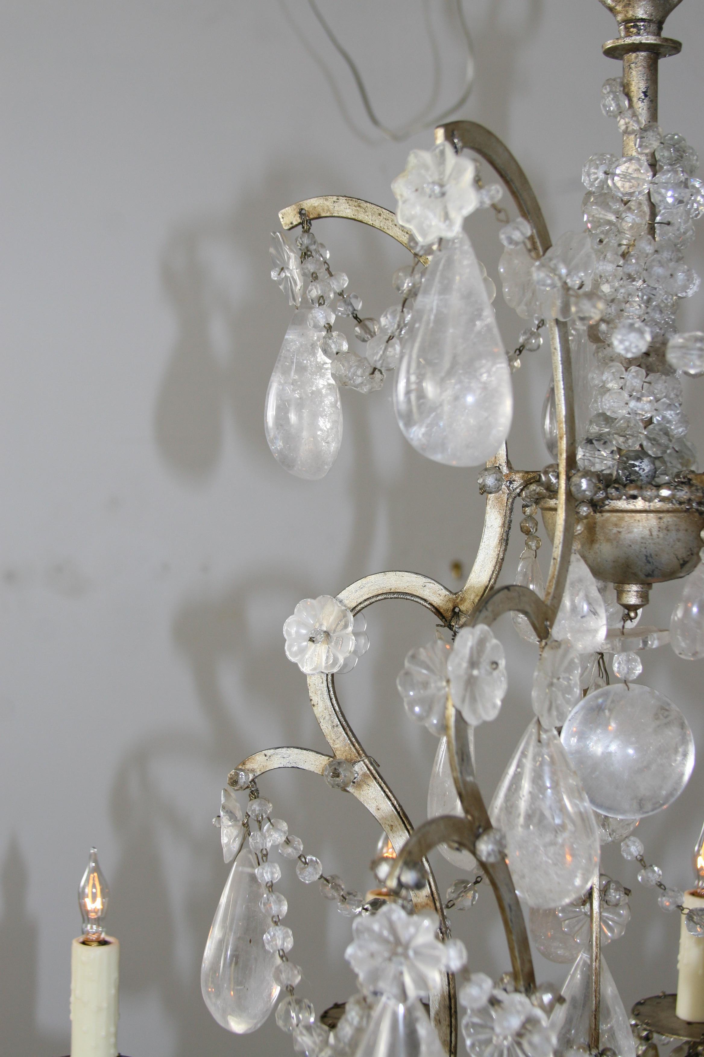 Gilt 19th Century French Rock Crystal Chandelier,  gilded Cage, surface wired For Sale