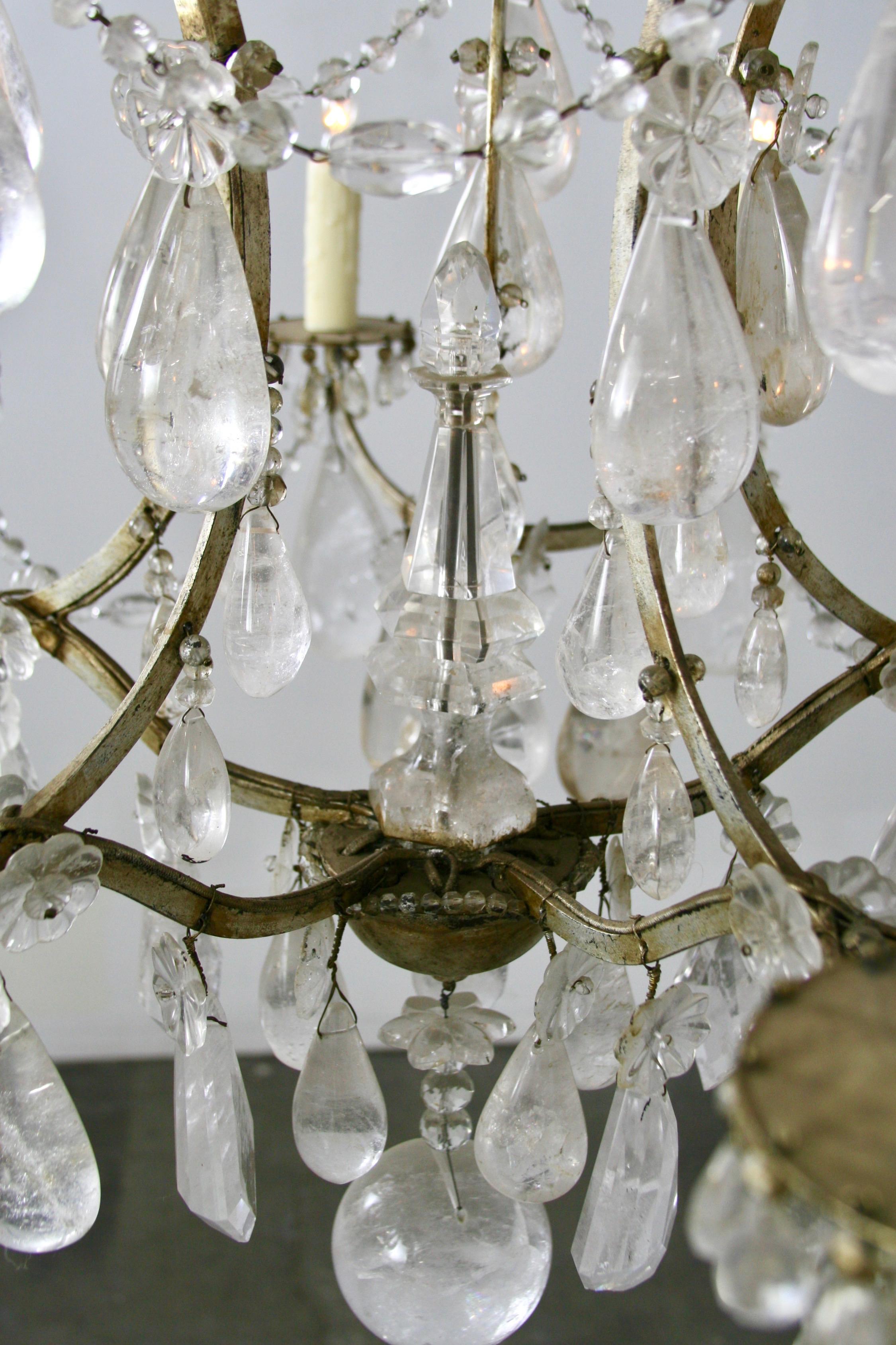 19th Century French Rock Crystal Chandelier,  gilded Cage, surface wired In Good Condition For Sale In San Francisco, CA