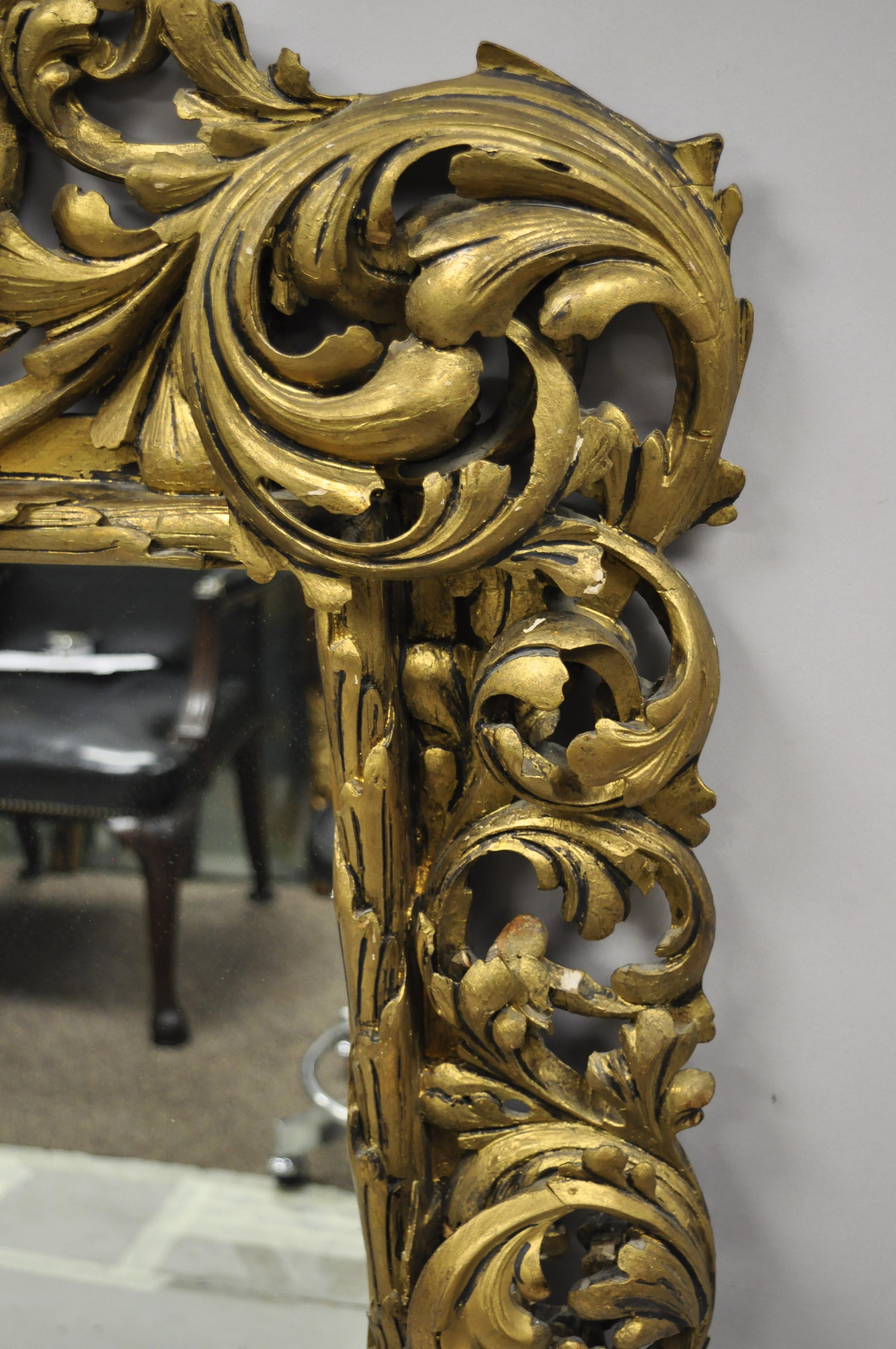 French Rococo Gold Giltwood Relief Carved Wood Acanthus Leaf Wall Mirror For Sale 4