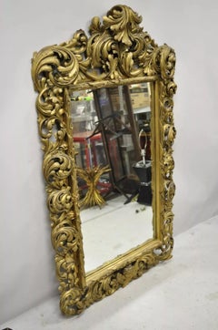 19th C French Rococo Gold Giltwood Relief Carved Wood Acanthus Leaf Wall Mirror