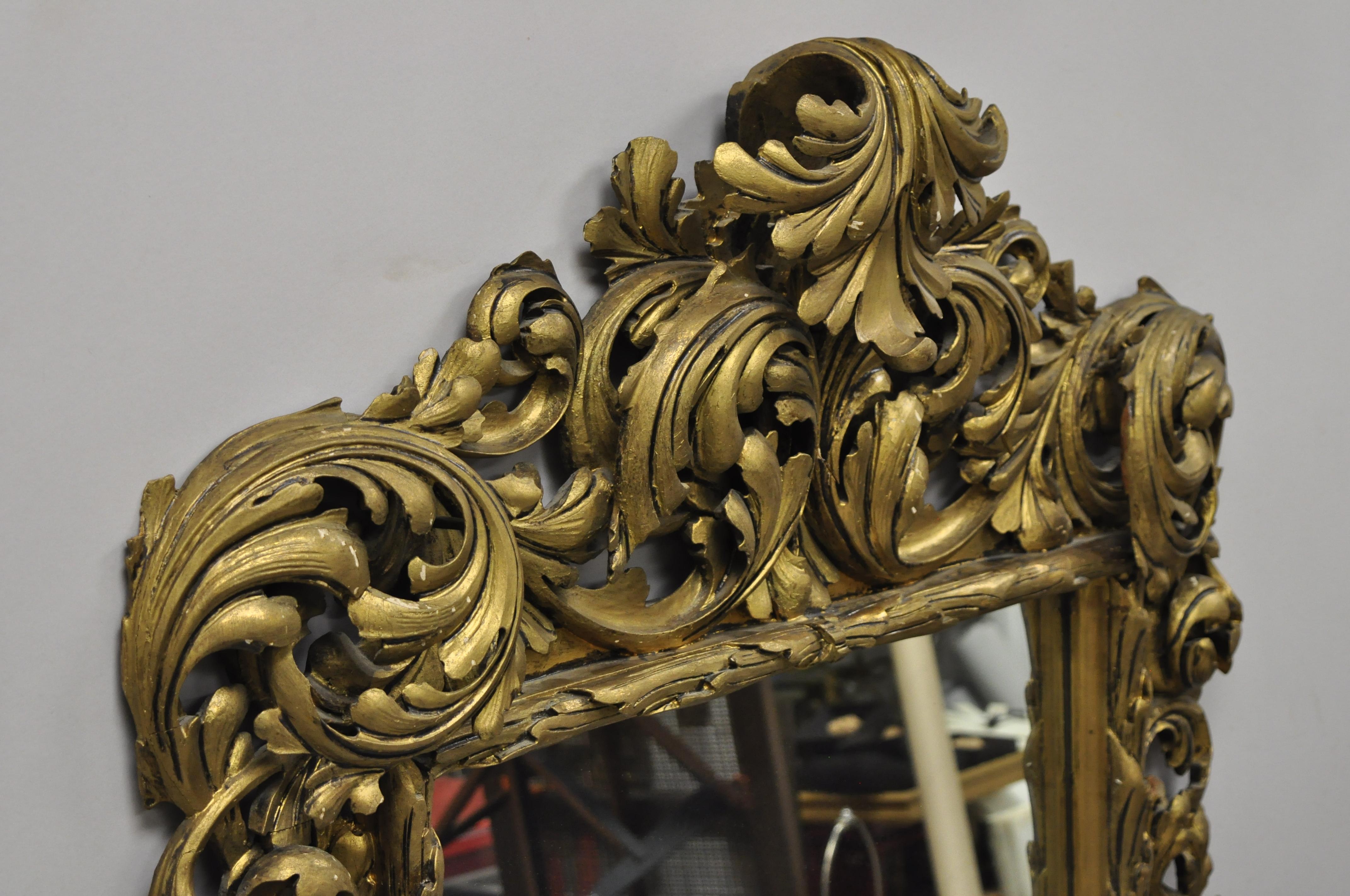 Italian French Rococo Gold Giltwood Relief Carved Wood Acanthus Leaf Wall Mirror For Sale