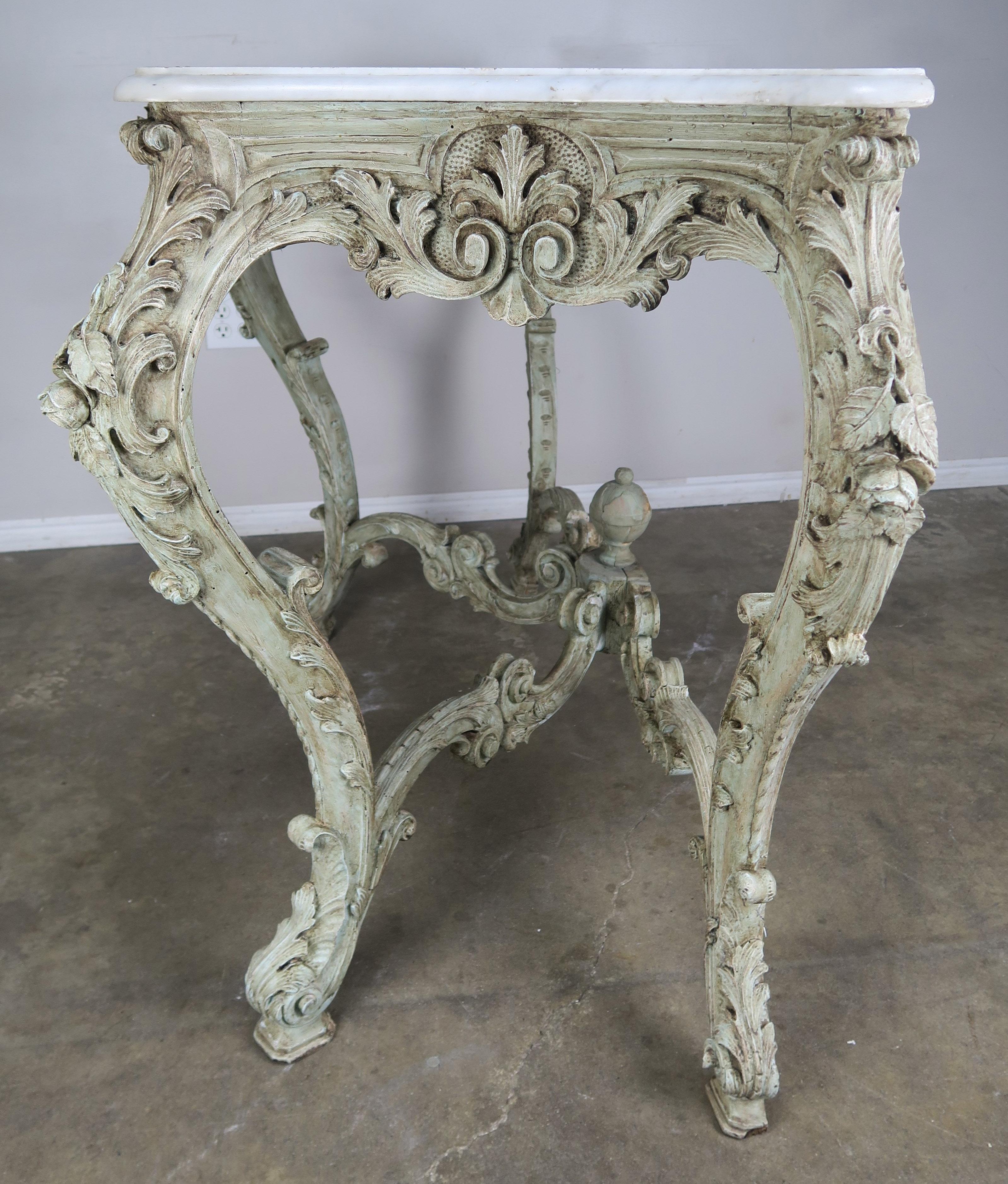 19th Century French Rococo Style Painted Console with Carrara Marble Top 5