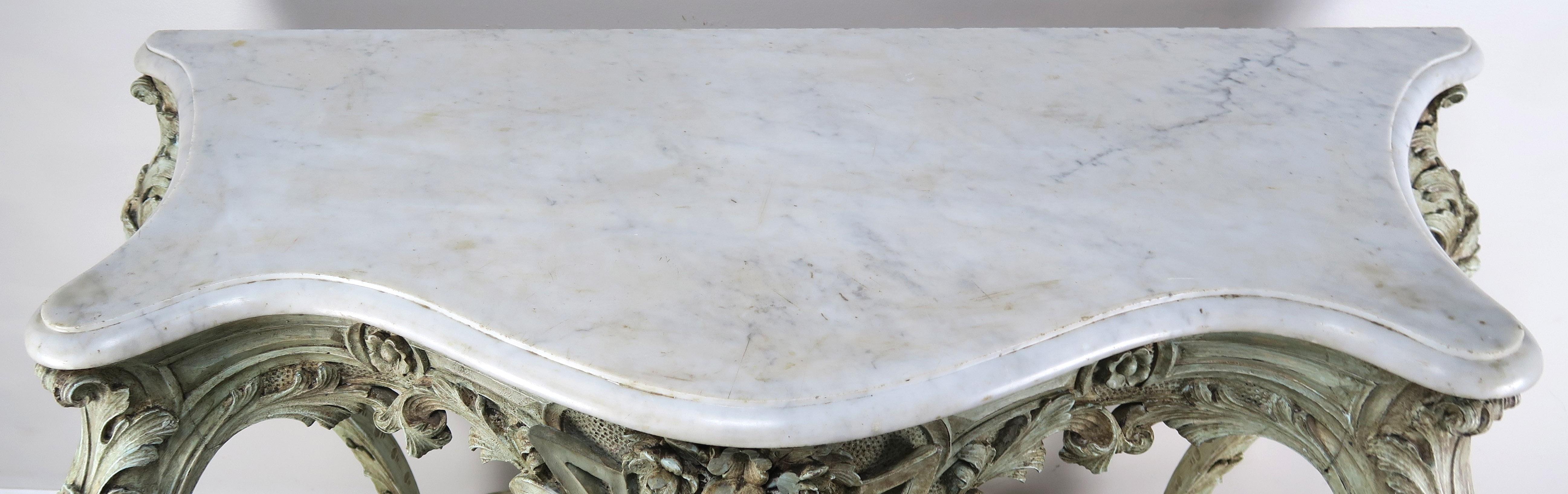 19th Century French Rococo Style Painted Console with Carrara Marble Top 6