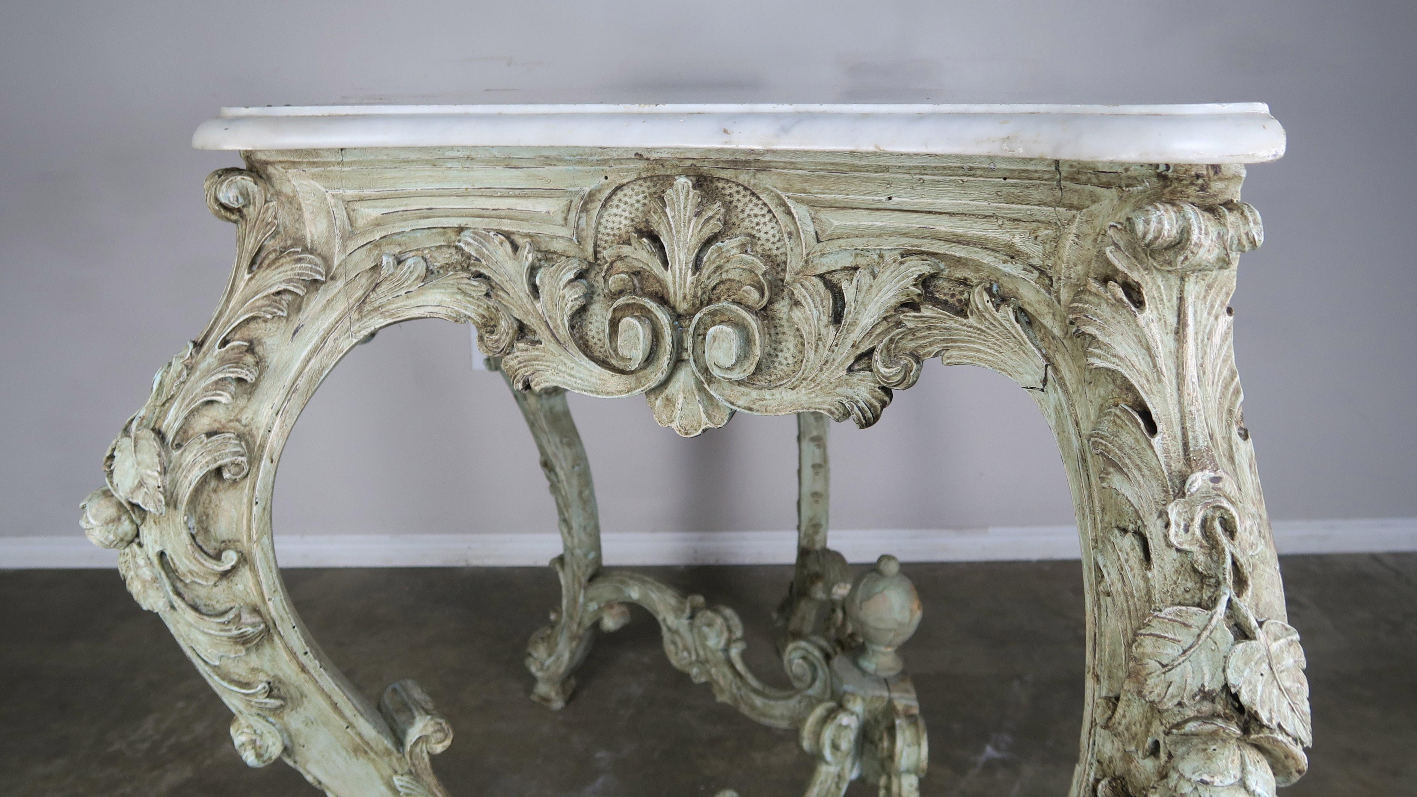 19th Century French Rococo Style Painted Console with Carrara Marble Top 7