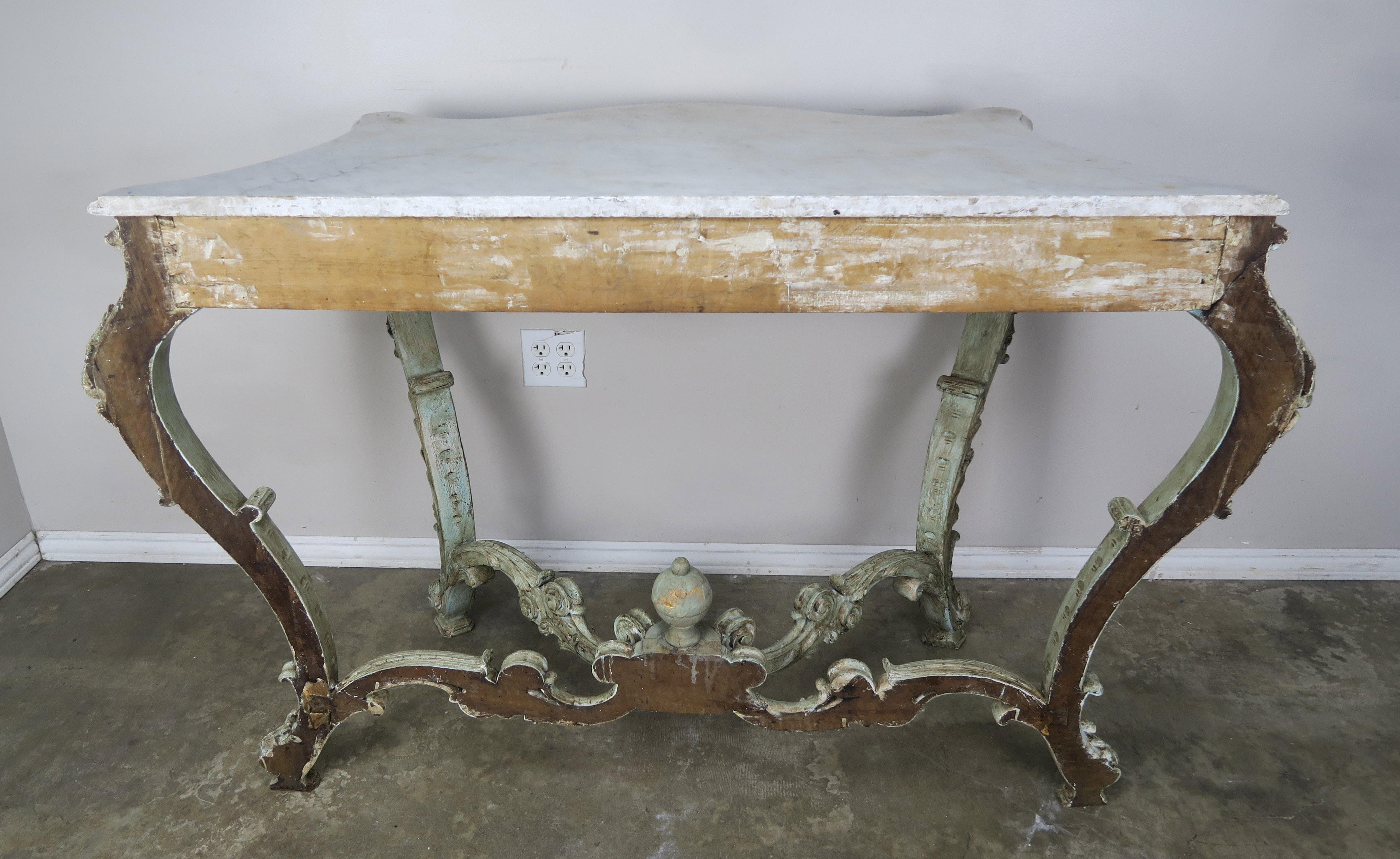 19th Century French Rococo Style Painted Console with Carrara Marble Top 8