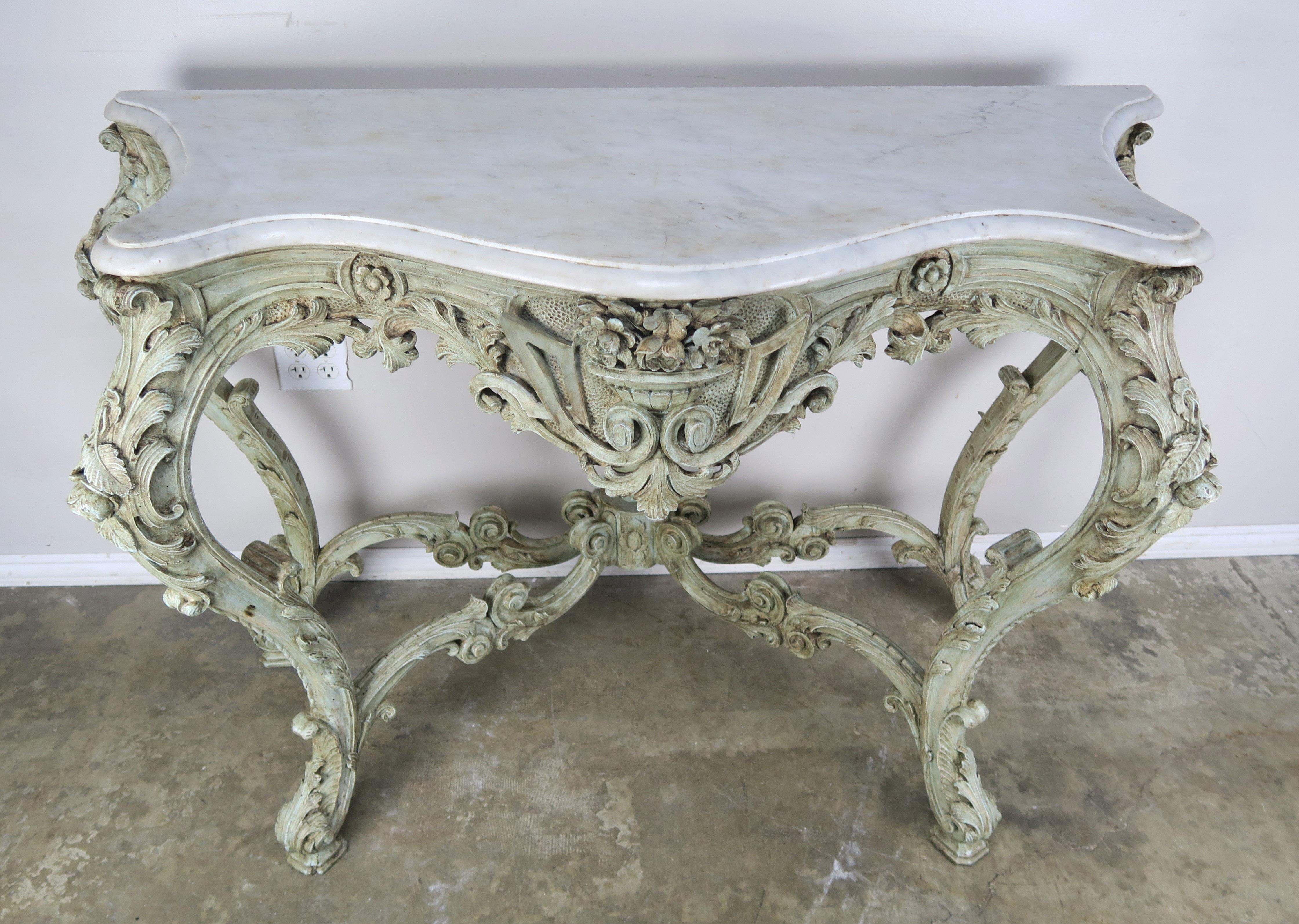 Hand-Painted 19th Century French Rococo Style Painted Console with Carrara Marble Top