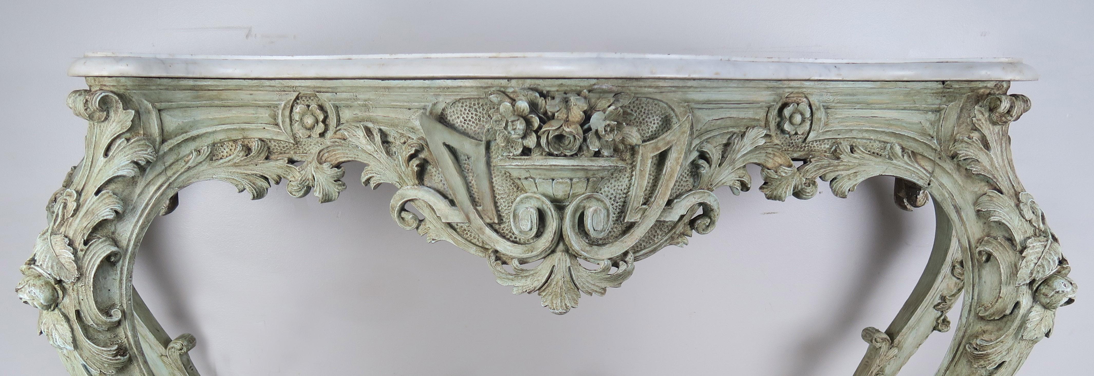 19th Century French Rococo Style Painted Console with Carrara Marble Top In Distressed Condition In Los Angeles, CA
