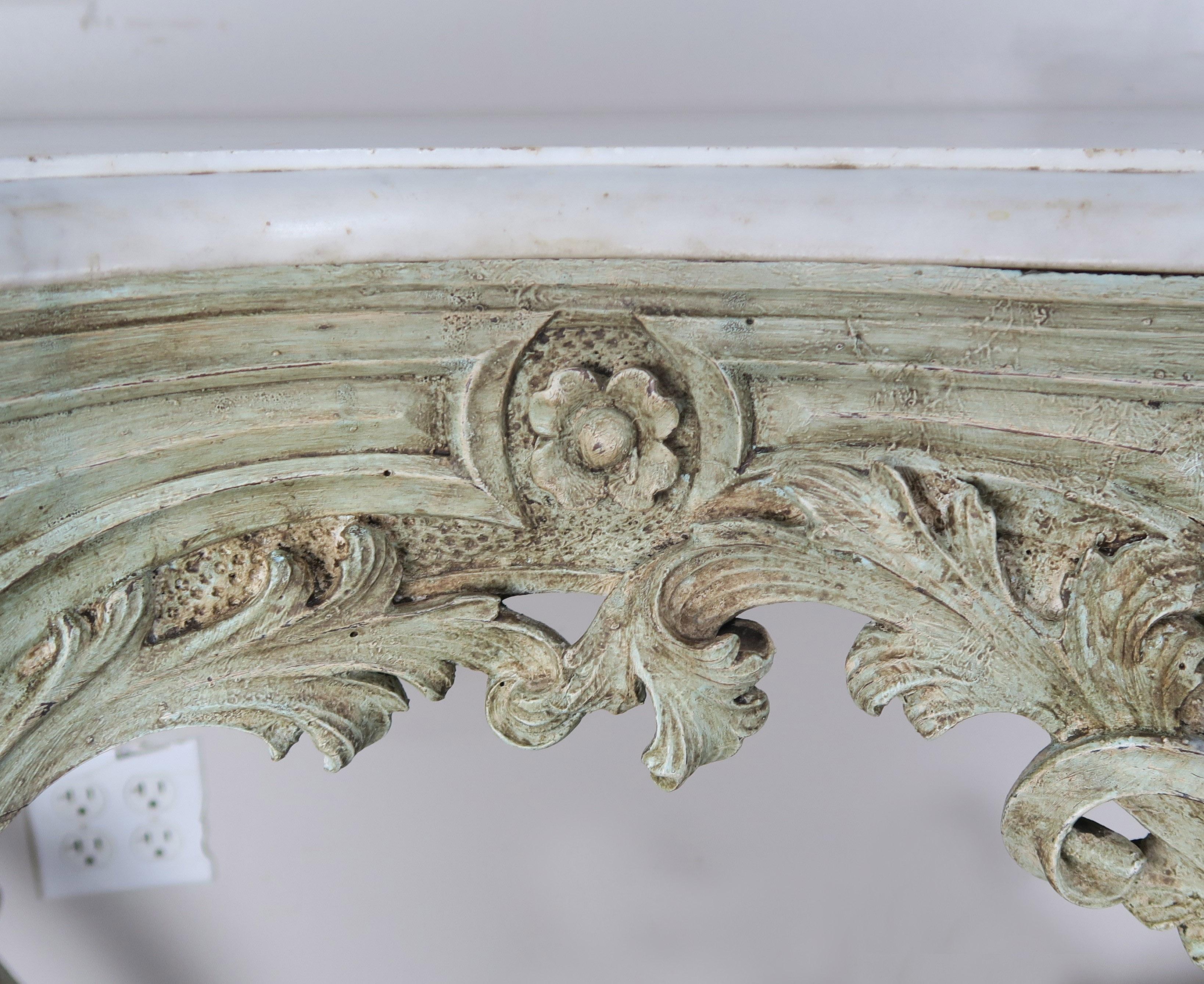 Wood 19th Century French Rococo Style Painted Console with Carrara Marble Top
