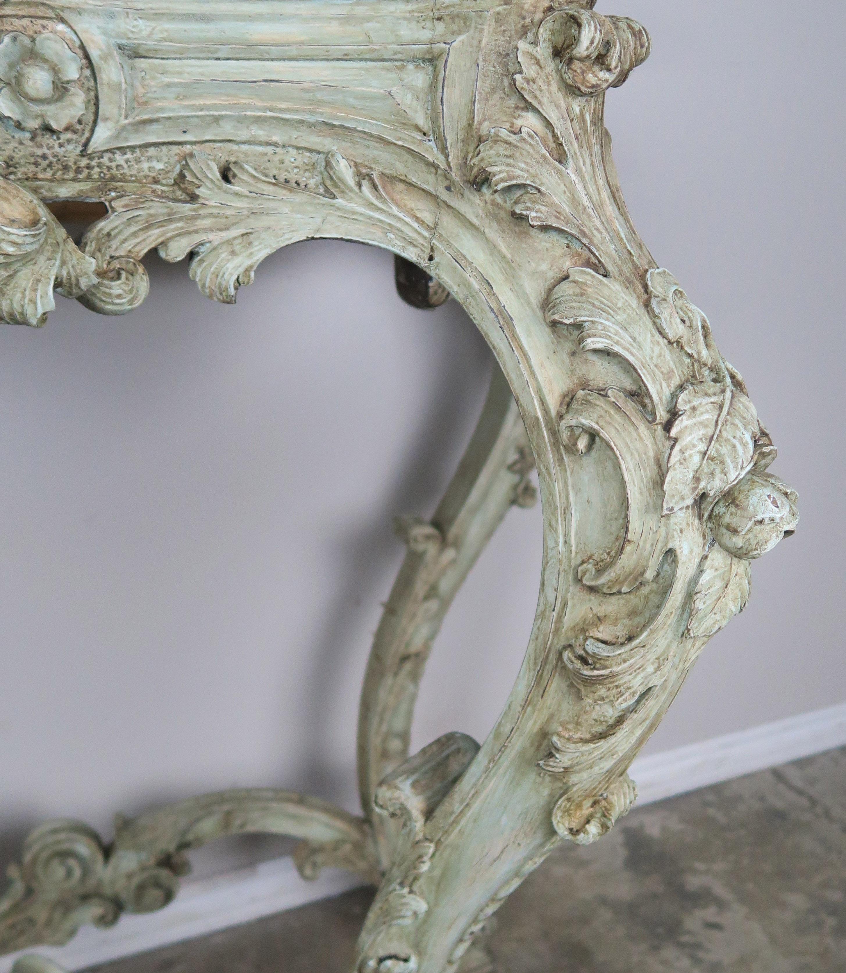 19th Century French Rococo Style Painted Console with Carrara Marble Top 2