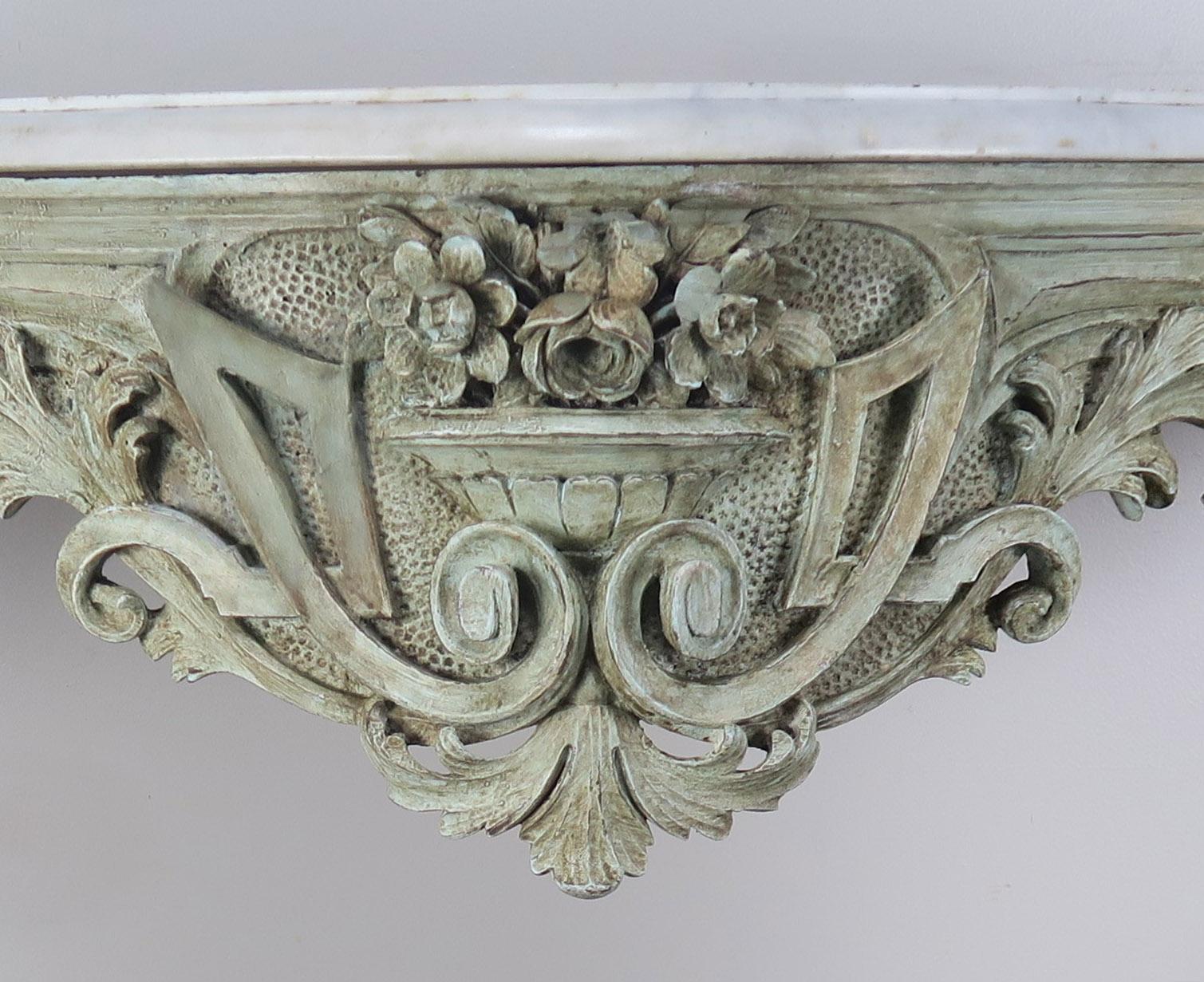 19th Century French Rococo Style Painted Console with Carrara Marble Top 3