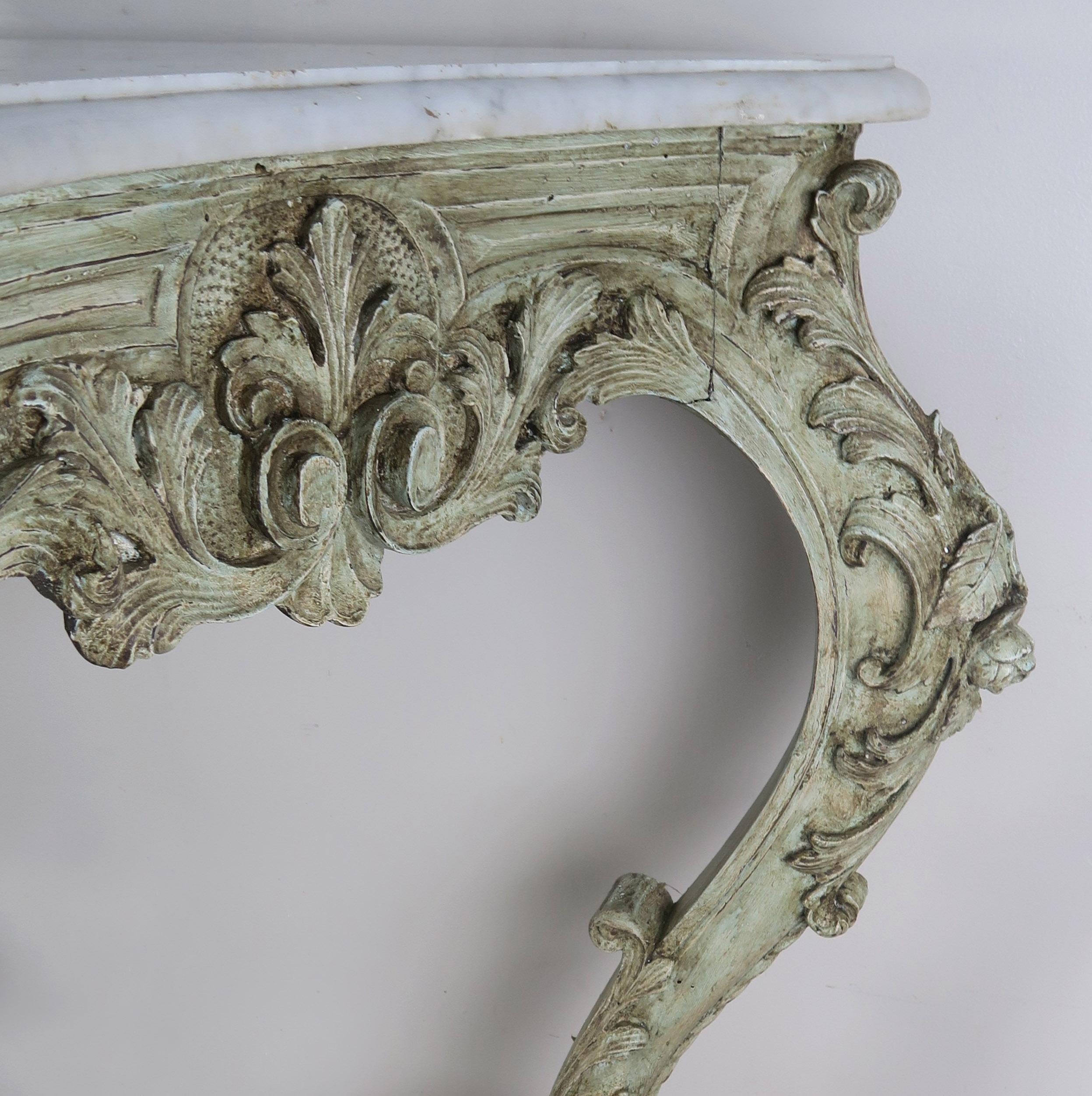 19th Century French Rococo Style Painted Console with Carrara Marble Top 4