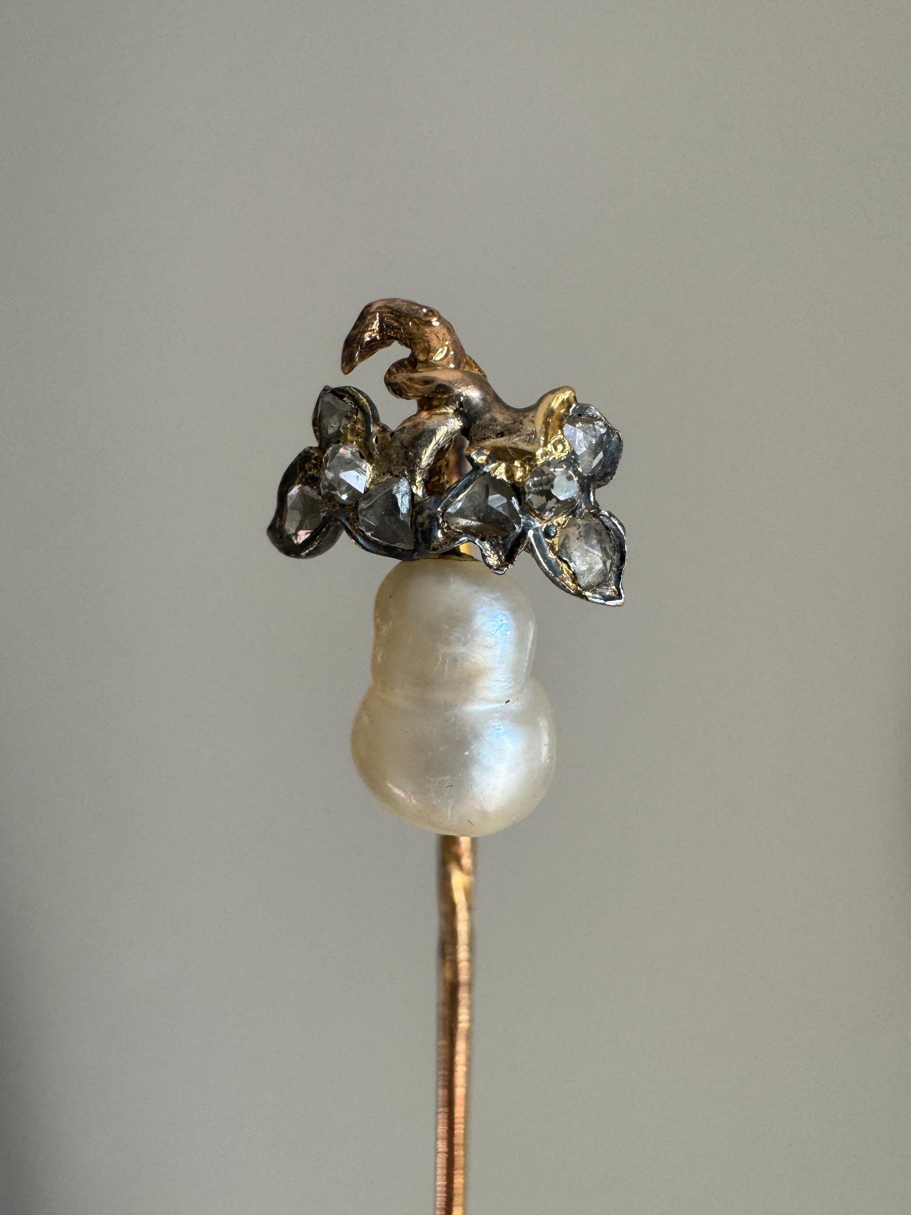 19th C French Rose Cut Diamond Diamond and Pearl Pear Figural Stickpin In Good Condition For Sale In Hummelstown, PA