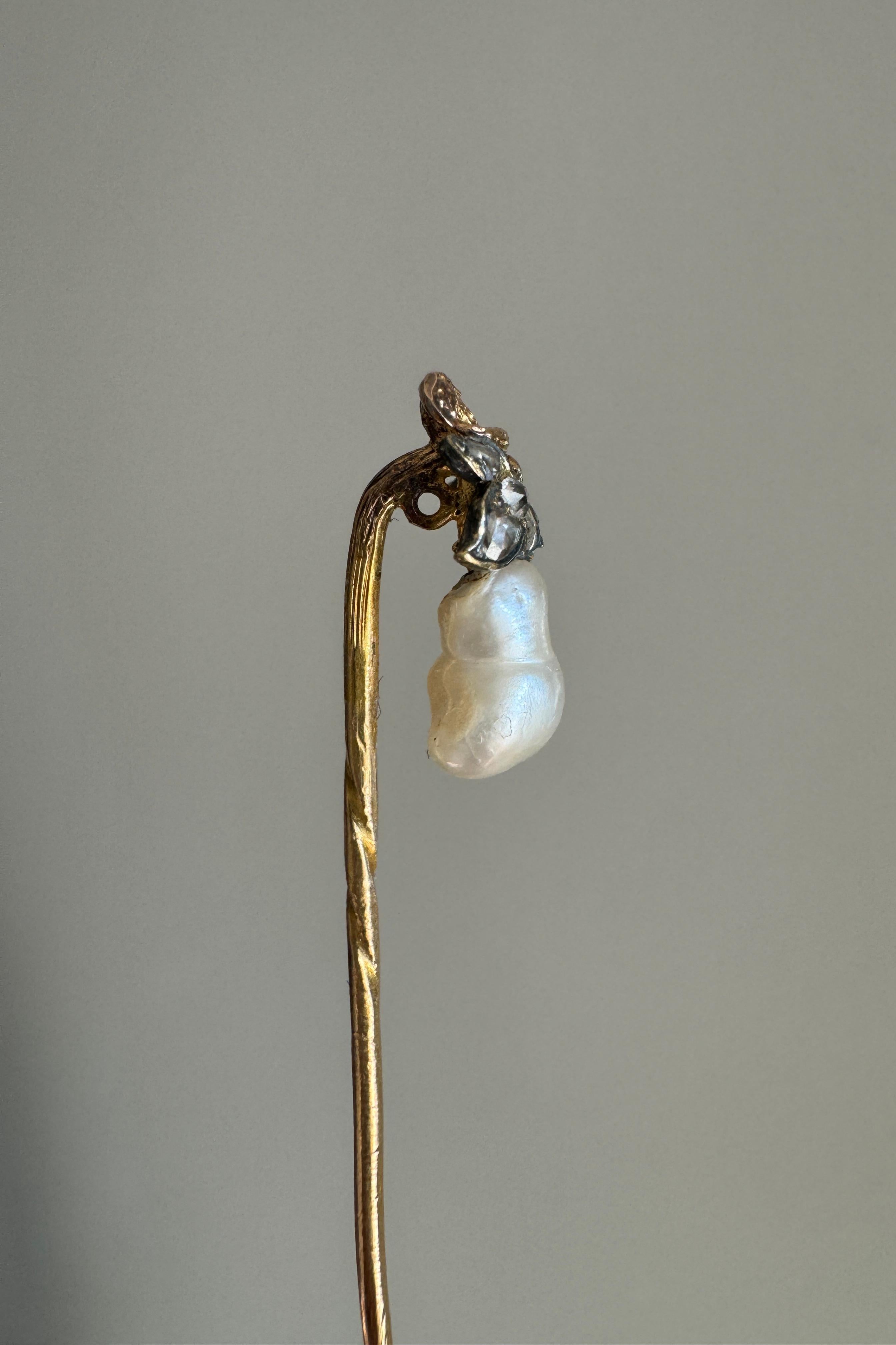 Women's or Men's 19th C French Rose Cut Diamond Diamond and Pearl Pear Figural Stickpin For Sale