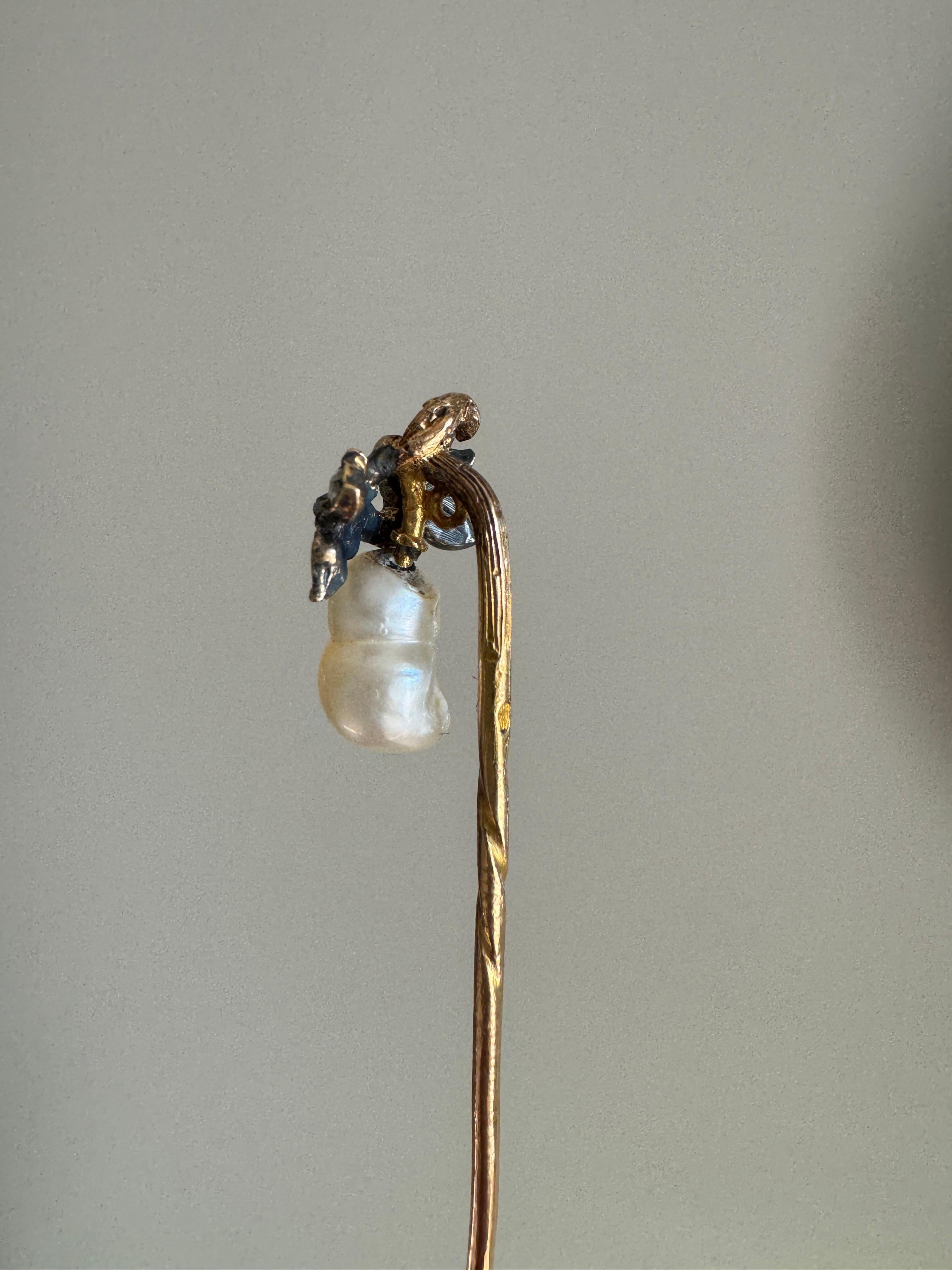 19th C French Rose Cut Diamond Diamond and Pearl Pear Figural Stickpin For Sale 1