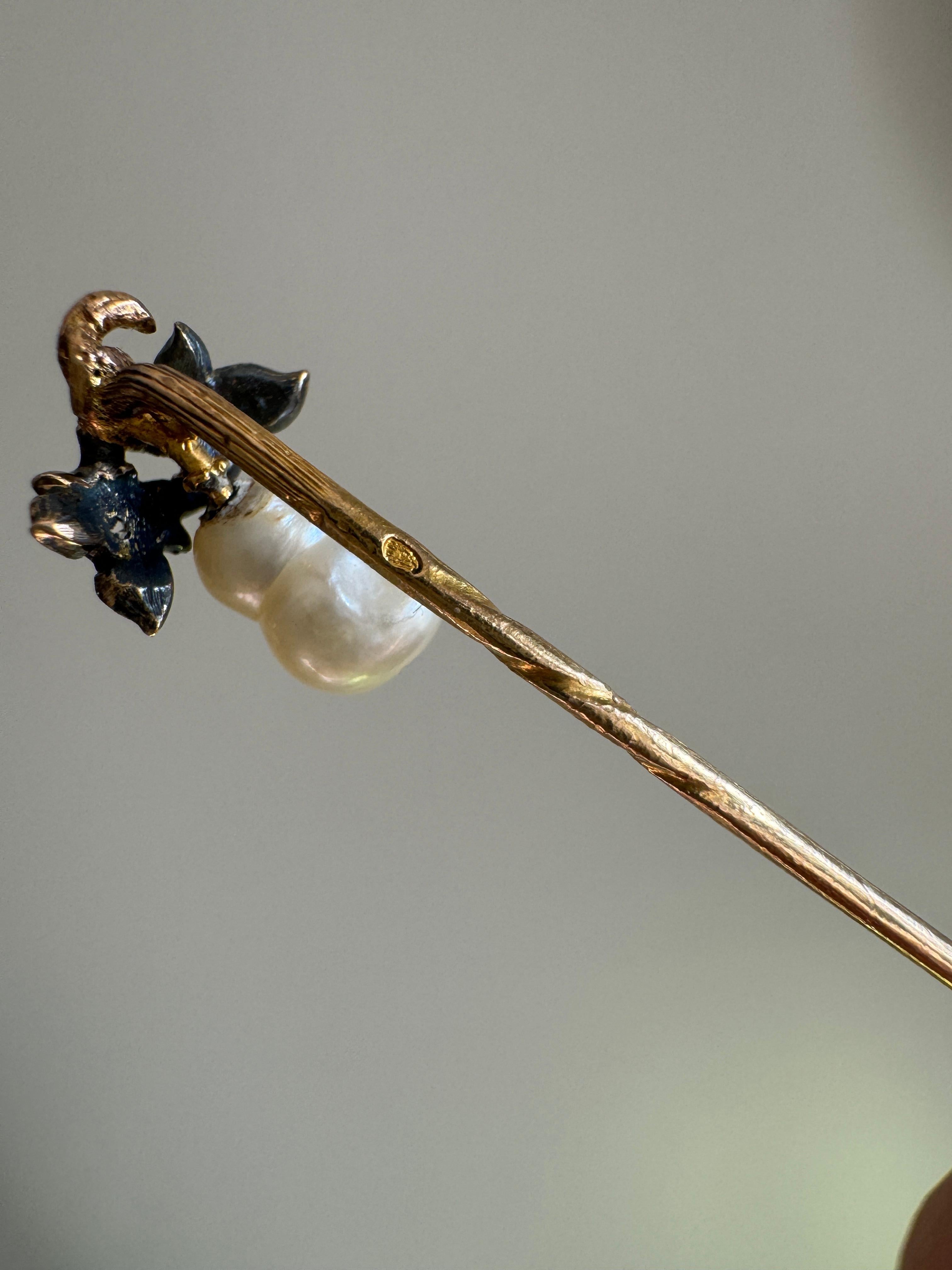 19th C French Rose Cut Diamond Diamond and Pearl Pear Figural Stickpin For Sale 2