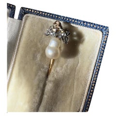 19th C French Rose Cut Diamond Diamond and Pearl Pear Figural Stickpin