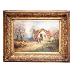 19th C. French Rural Farm Scene Oil Painting Signed A. Degerville in Gilt Frame
