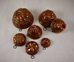 19th Century French Rustic Hammered Copper Food Molds, Assembled Group of Seven