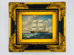 French Sailboat at Sea Oil on Canvas Painting with Black and Gilt Frame