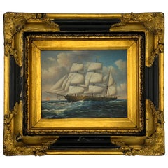 French Sailboat at Sea Oil on Canvas Painting with Black and Gilt Frame