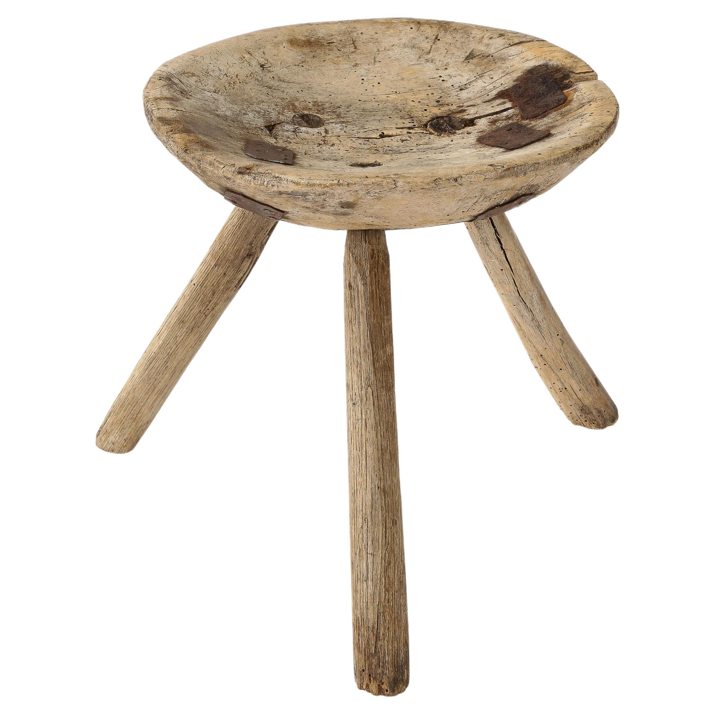 19th Century French Shepherds Stool with Handmade Metal Repairs For Sale