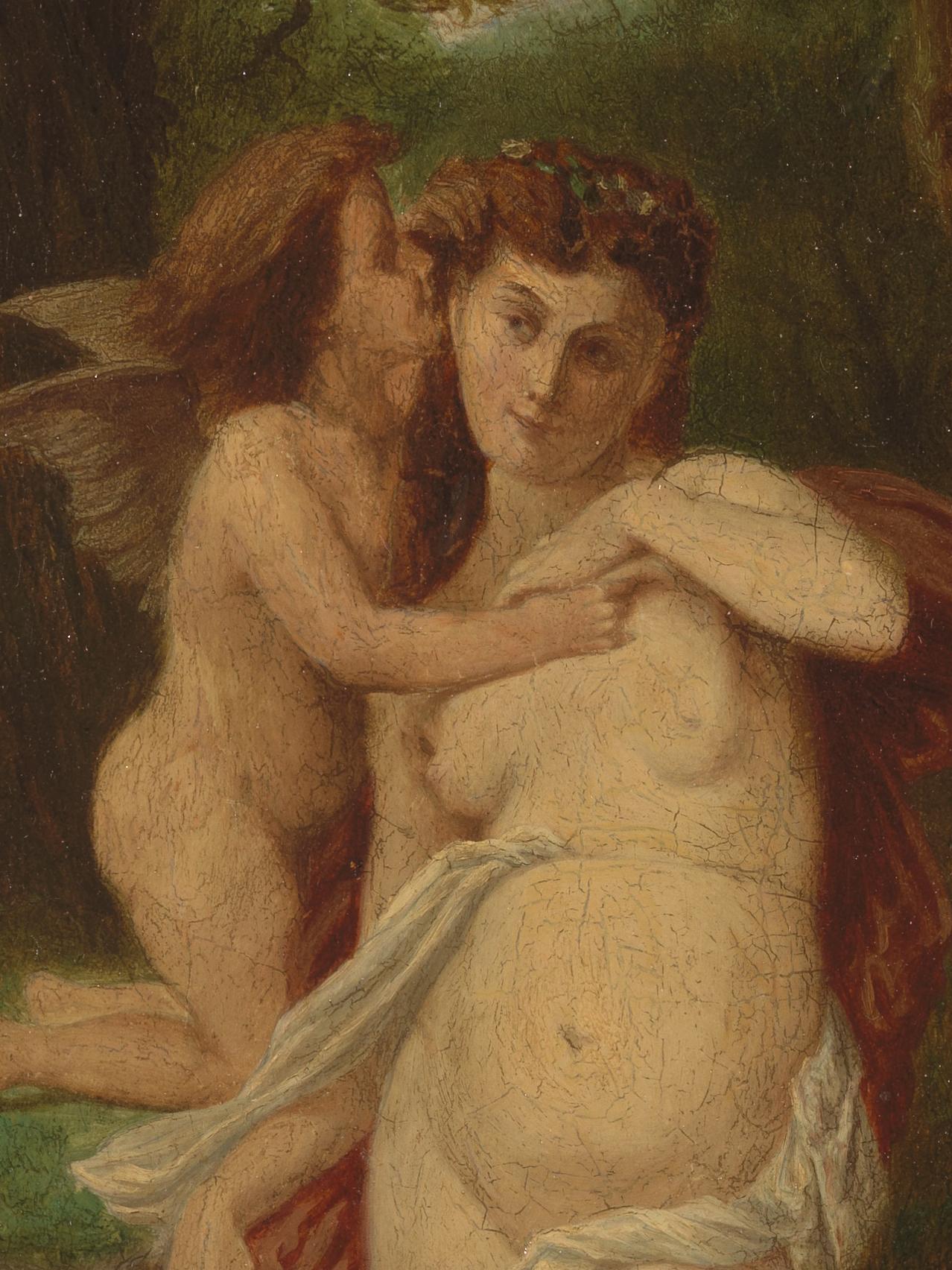 Dieses Öl auf Leinwand aus dem 19. Jahrhundert stellt den ersten Kuss zwischen Amor und Psyche dar. Es symbolisiert den Moment der Unschuld, kurz bevor das sexuelle Erwachen stattfindet. Die beiden Figuren sind nackt, wobei Psyche im Vordergrund und