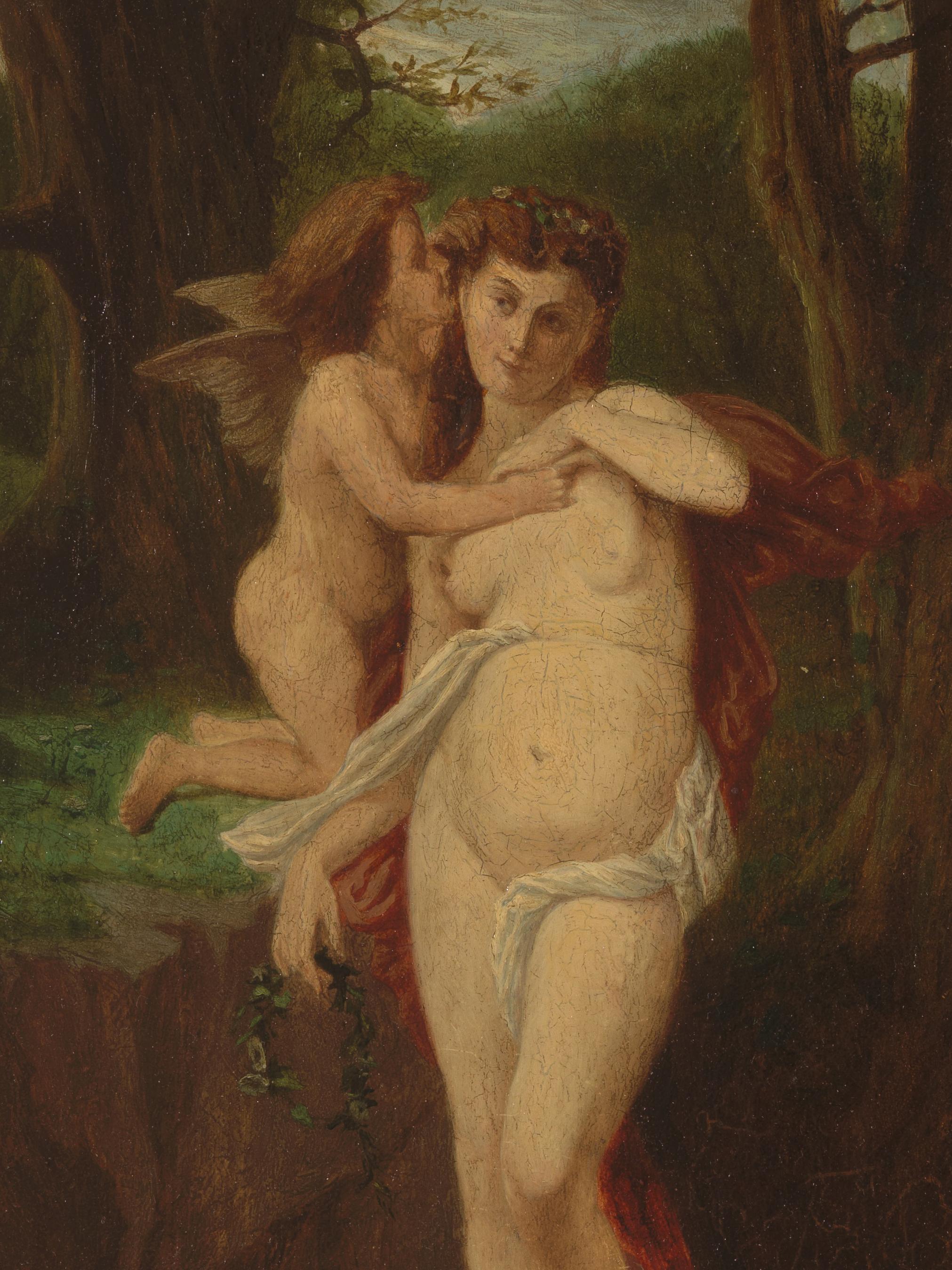 Hand-Painted 19th Century French Shool, Cupid & Psyche, Oil on Panel, Framed For Sale