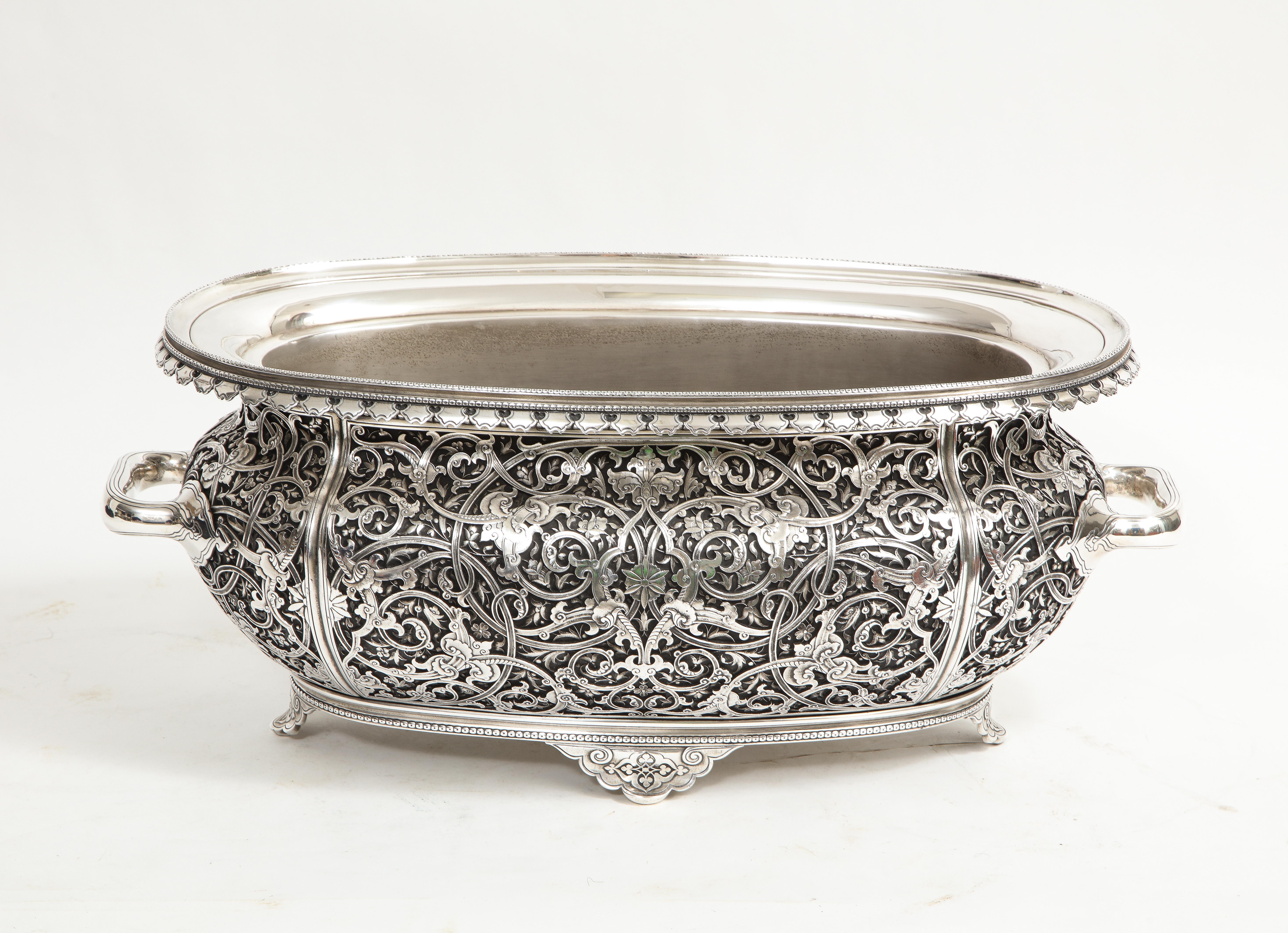 A Fantastic and Quit Large 19th Century French Silvered Bronze Islamic Arabesque and Floral Motif Centerpiece/Decorative Bowl, Attributed to Édouard Lièvre. This piece is extremely detailed with Islamic Arabesque and floral motifs in variable