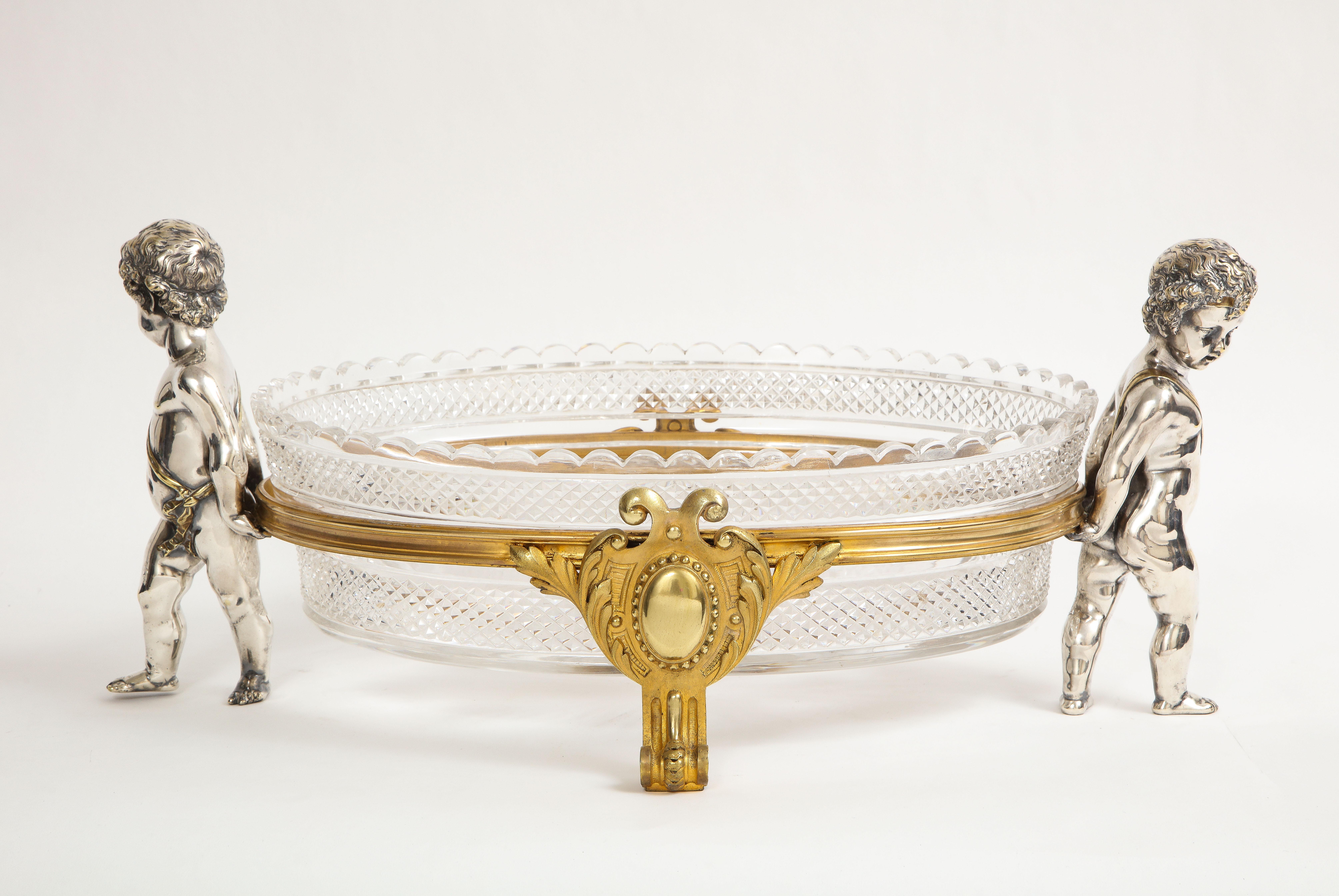 French Silvered & Gilt Bronze Putti Mounted Crystal Centerpiece Baccarat, 1800s For Sale 6