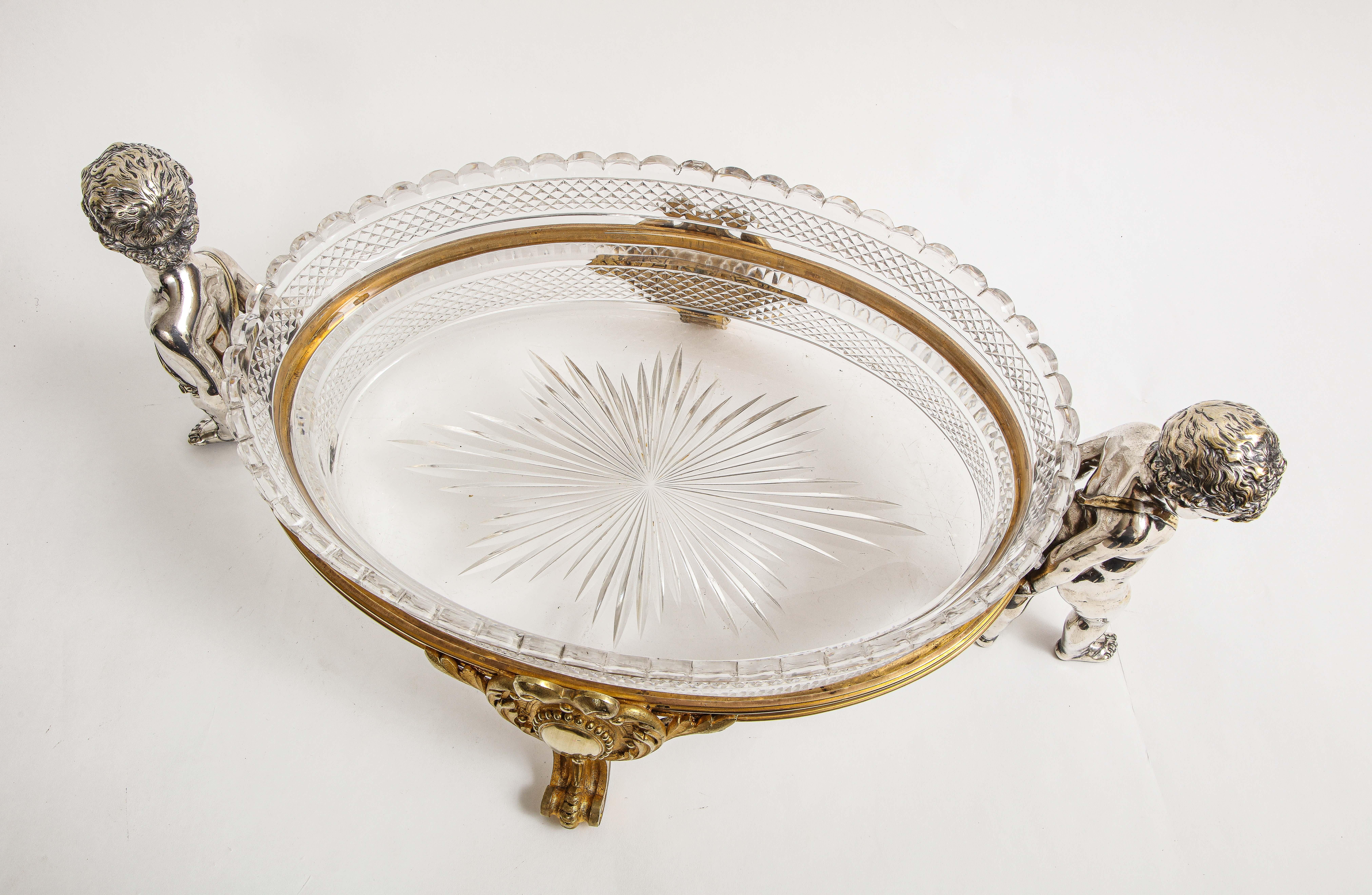 French Silvered & Gilt Bronze Putti Mounted Crystal Centerpiece Baccarat, 1800s For Sale 9