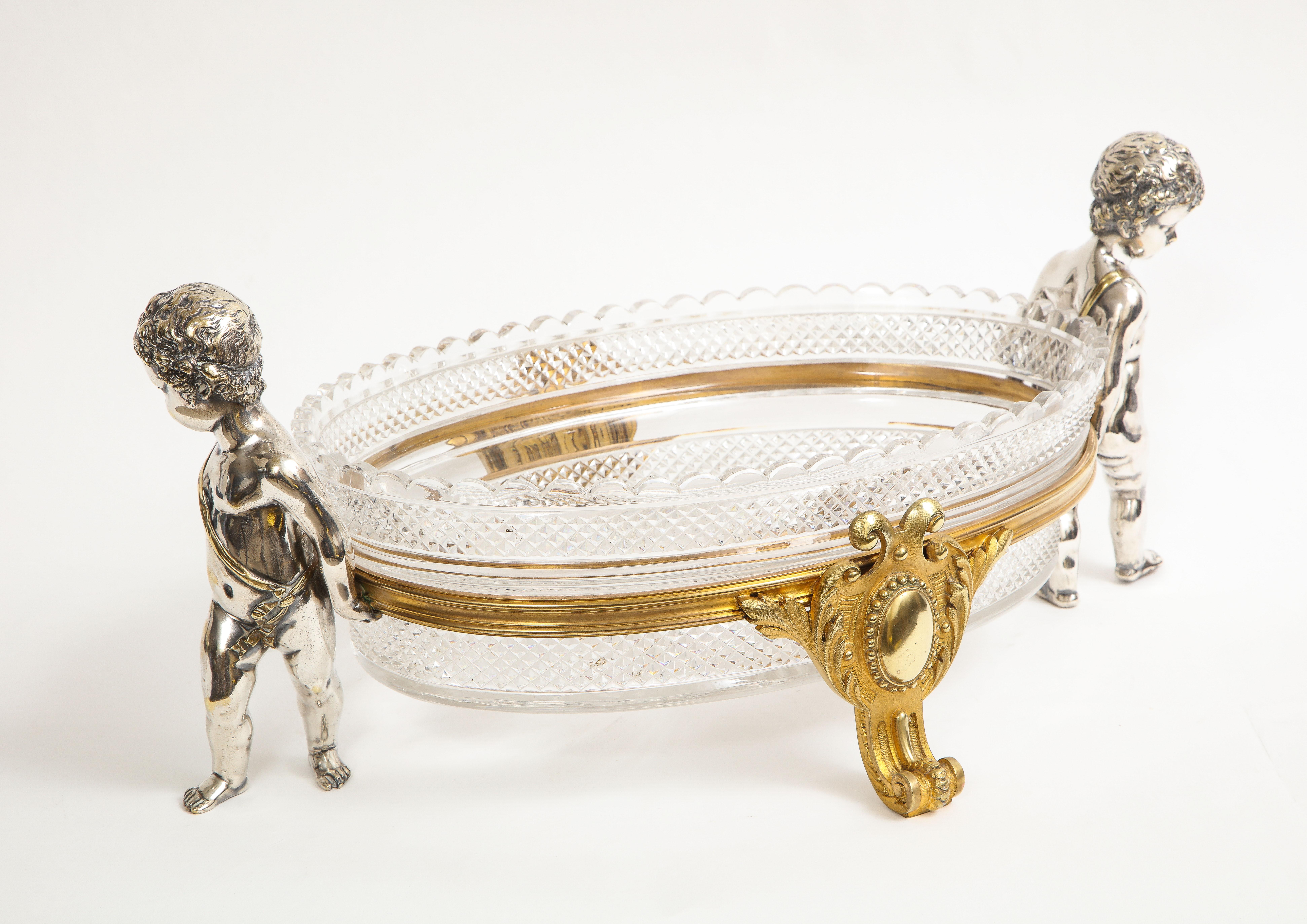 Hand-Carved French Silvered & Gilt Bronze Putti Mounted Crystal Centerpiece Baccarat, 1800s For Sale