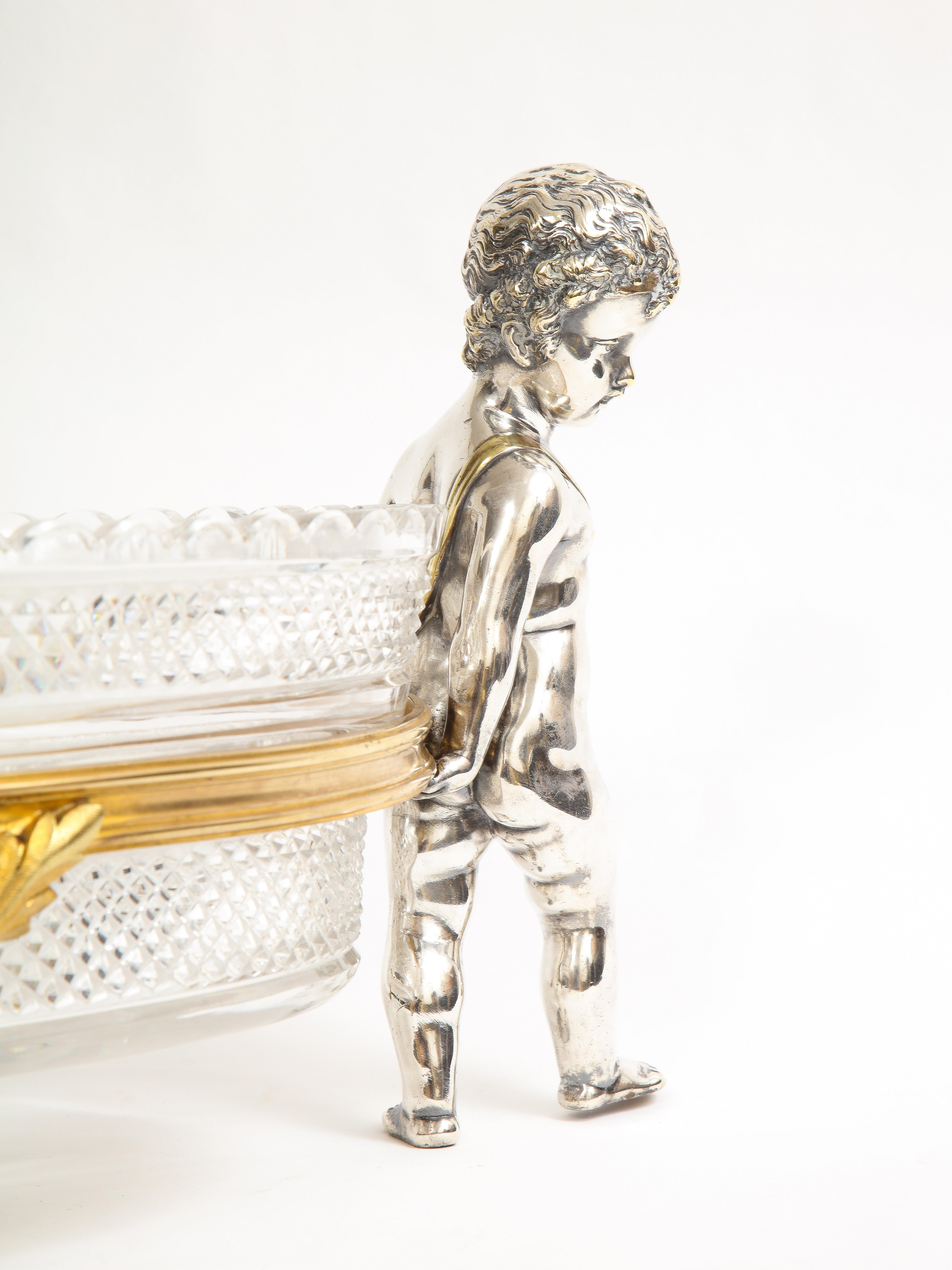Mid-19th Century French Silvered & Gilt Bronze Putti Mounted Crystal Centerpiece Baccarat, 1800s For Sale