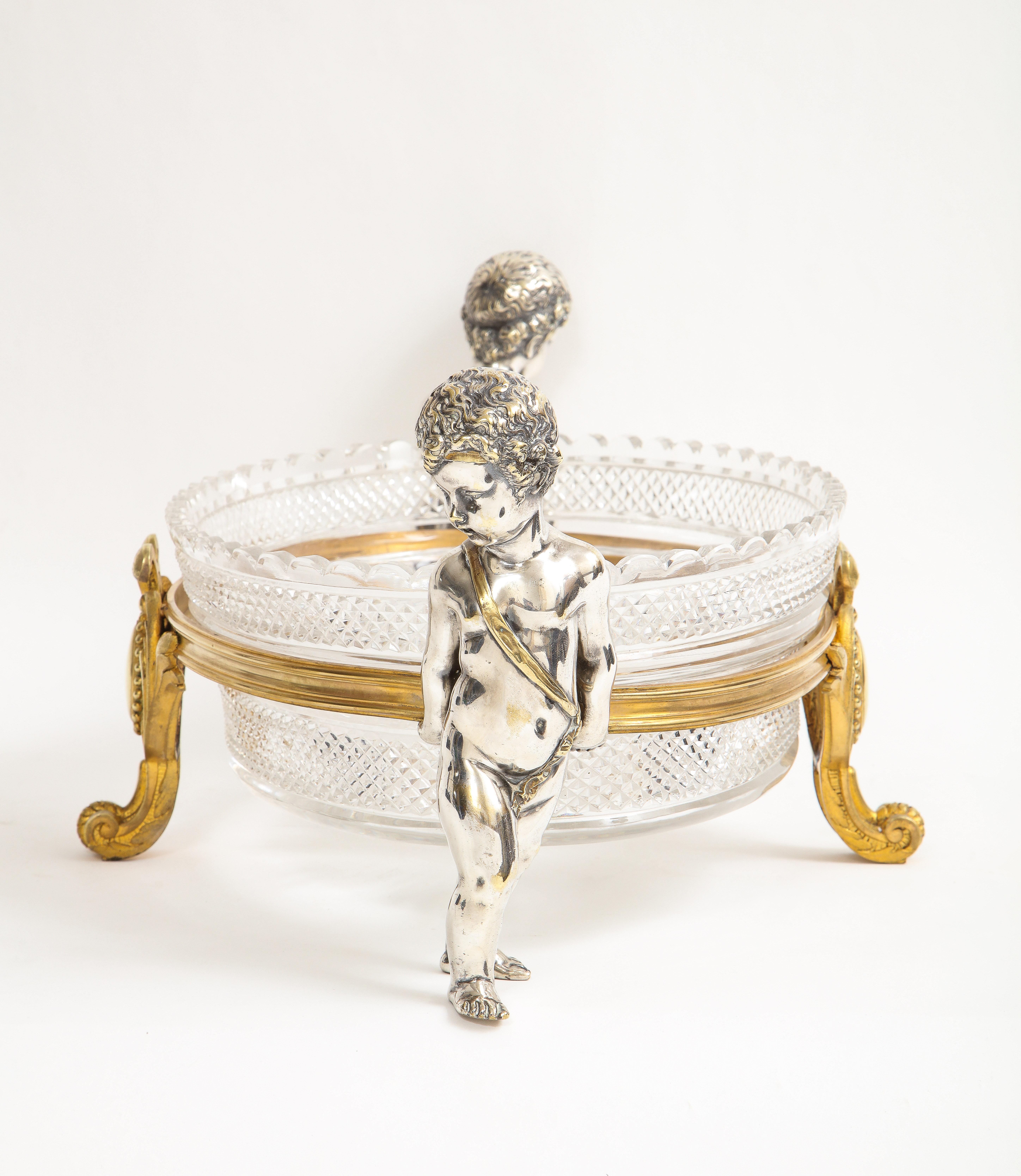 French Silvered & Gilt Bronze Putti Mounted Crystal Centerpiece Baccarat, 1800s For Sale 2