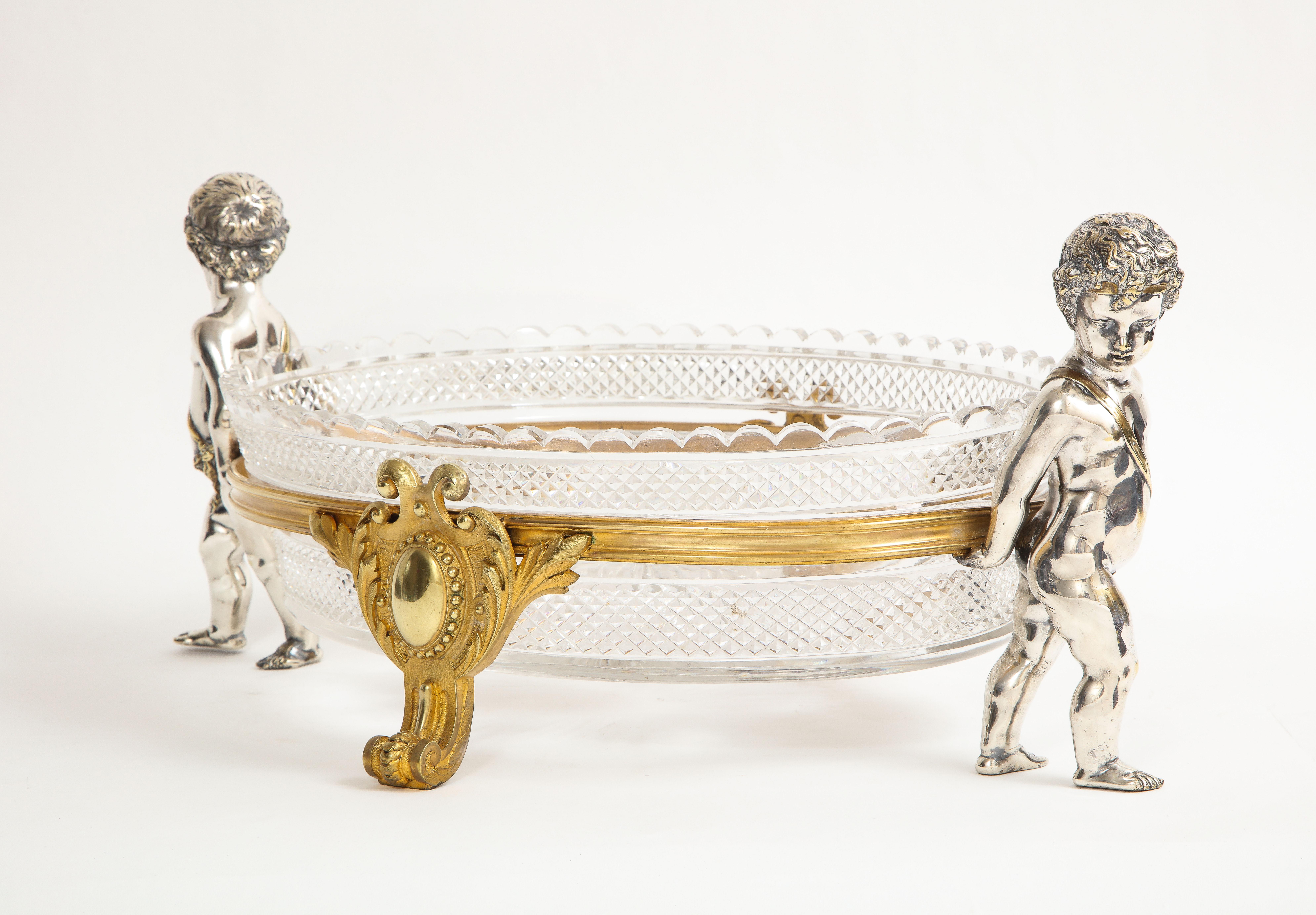 French Silvered & Gilt Bronze Putti Mounted Crystal Centerpiece Baccarat, 1800s For Sale 3
