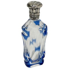 19th C French Small Crystal Clear and Blue Overlay Scent Bottle with Silver Cap