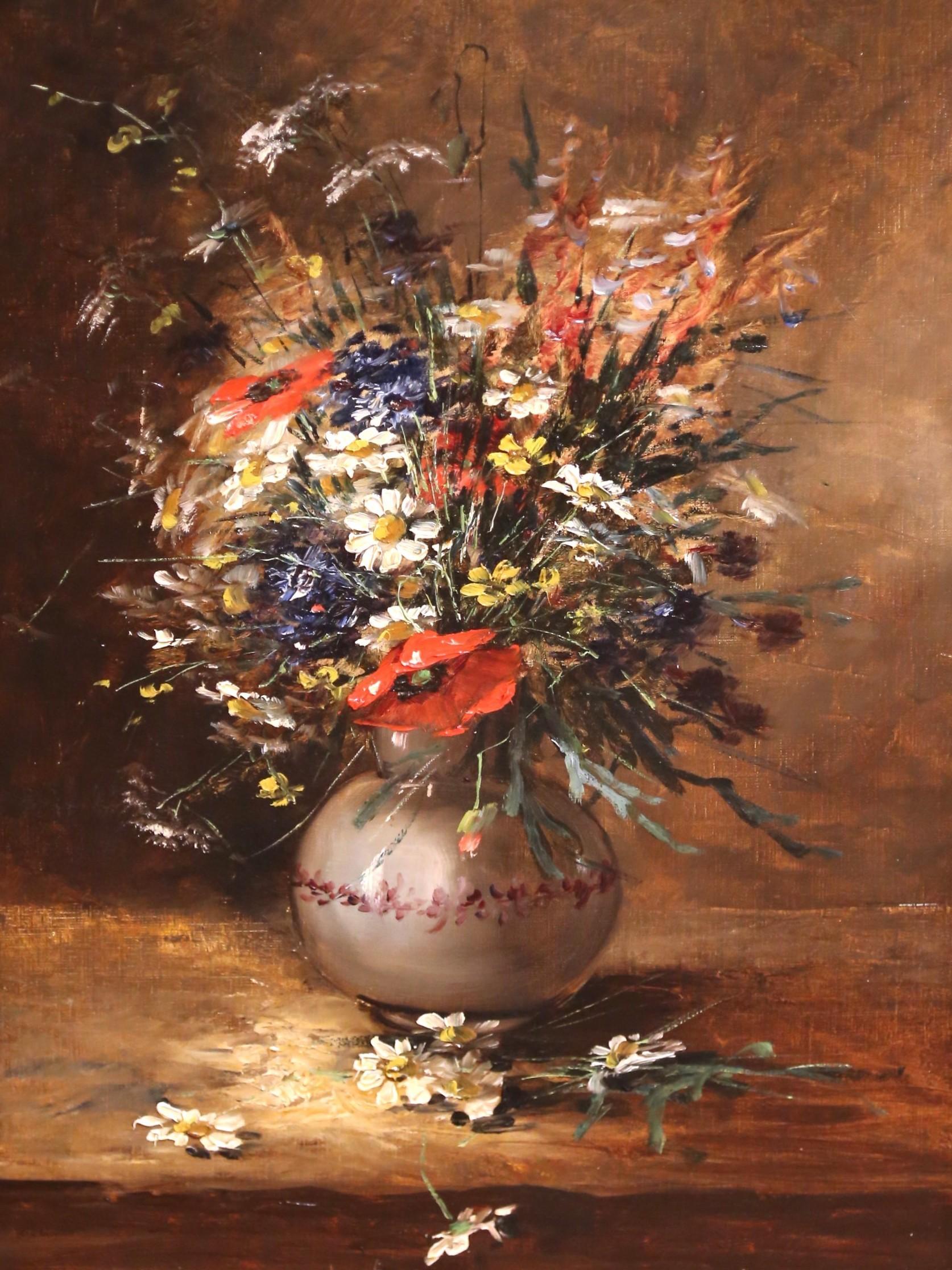 Carved 19th C. French Still Life Oil Painting of Flowers in Vase with Giltwood Frame For Sale
