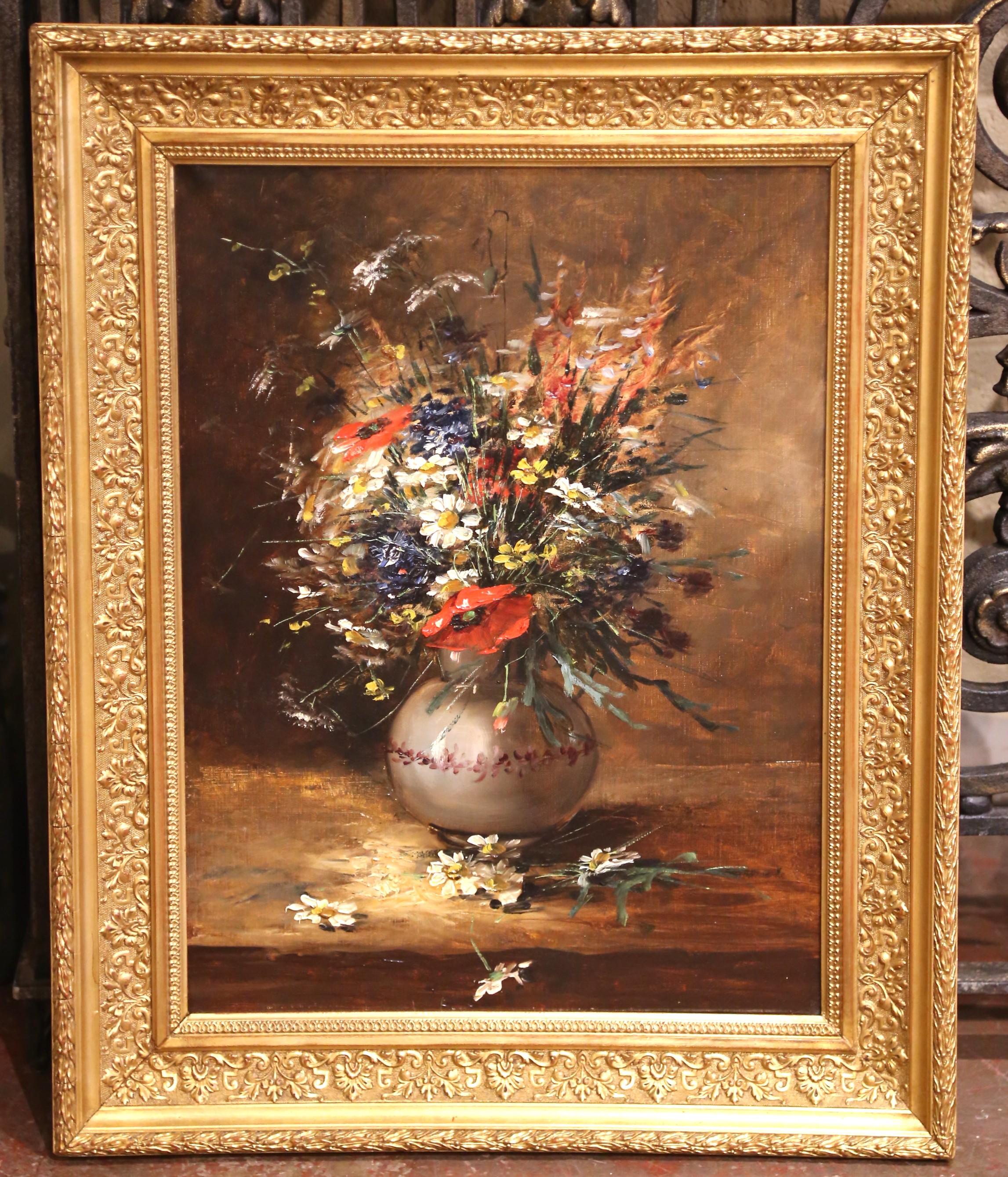 19th Century 19th C. French Still Life Oil Painting of Flowers in Vase with Giltwood Frame For Sale