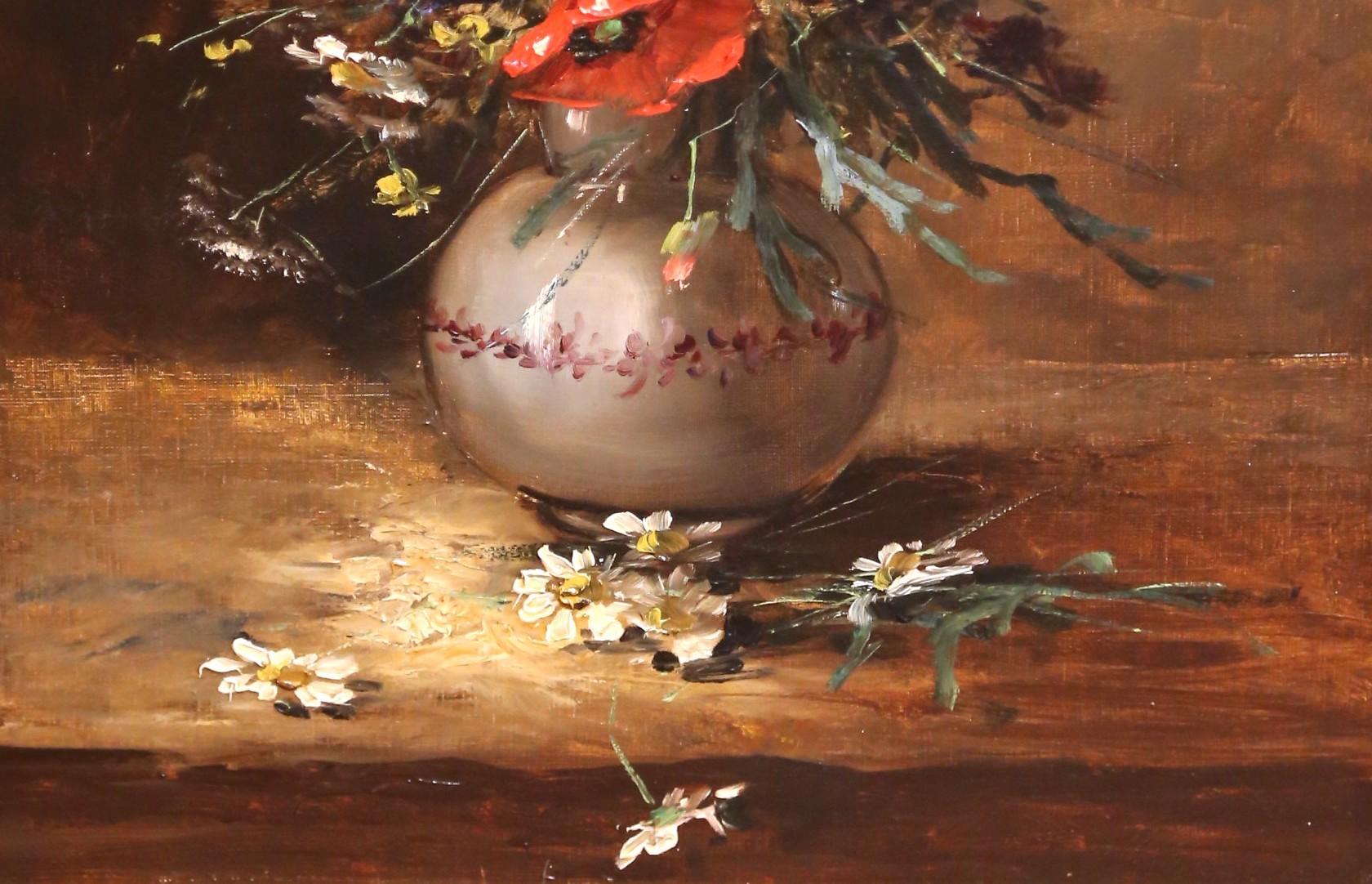Canvas 19th C. French Still Life Oil Painting of Flowers in Vase with Giltwood Frame For Sale