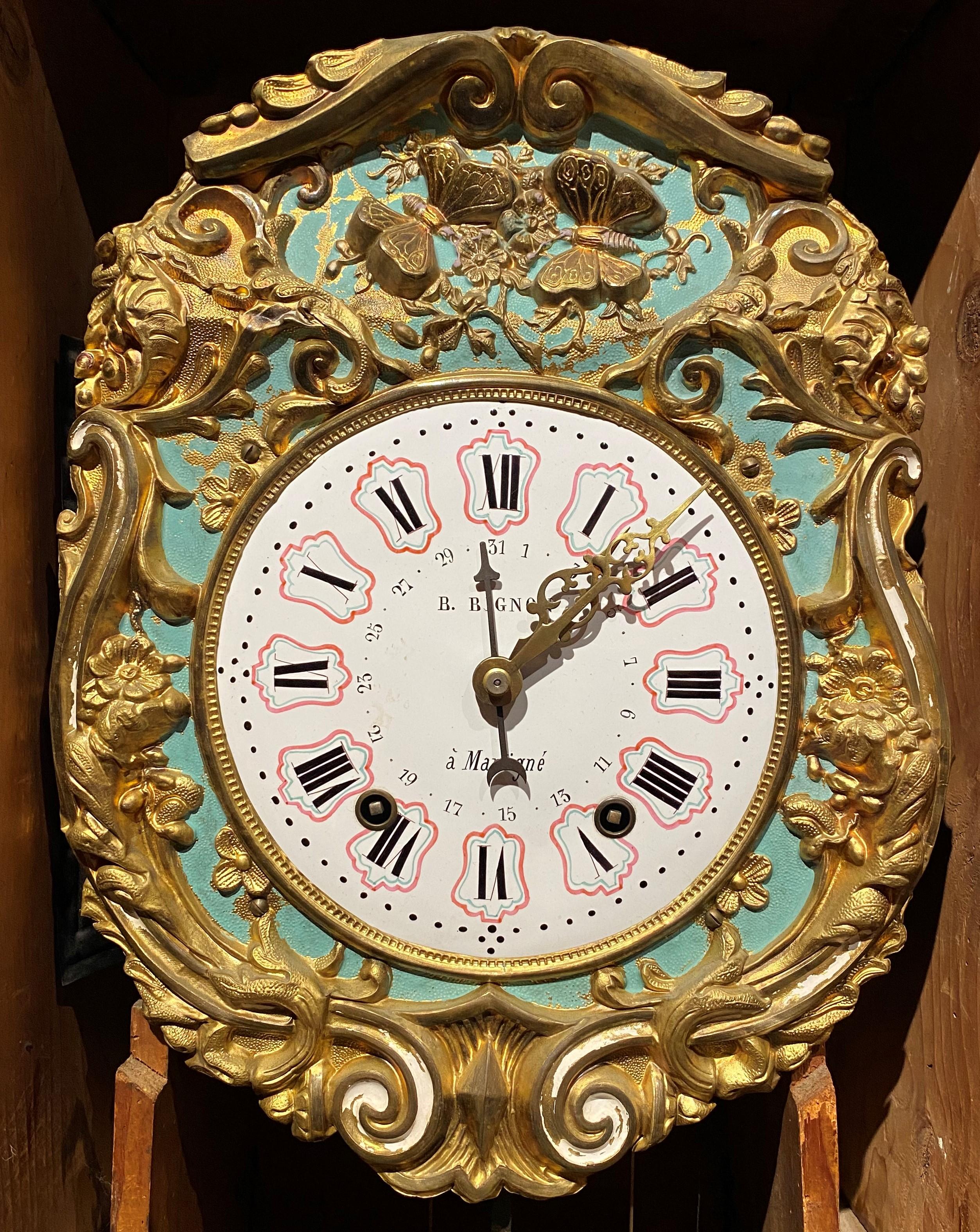 19th C French Tall Case Morbier Clock or Comtoise Signed B. Bignon à la Martigné 1