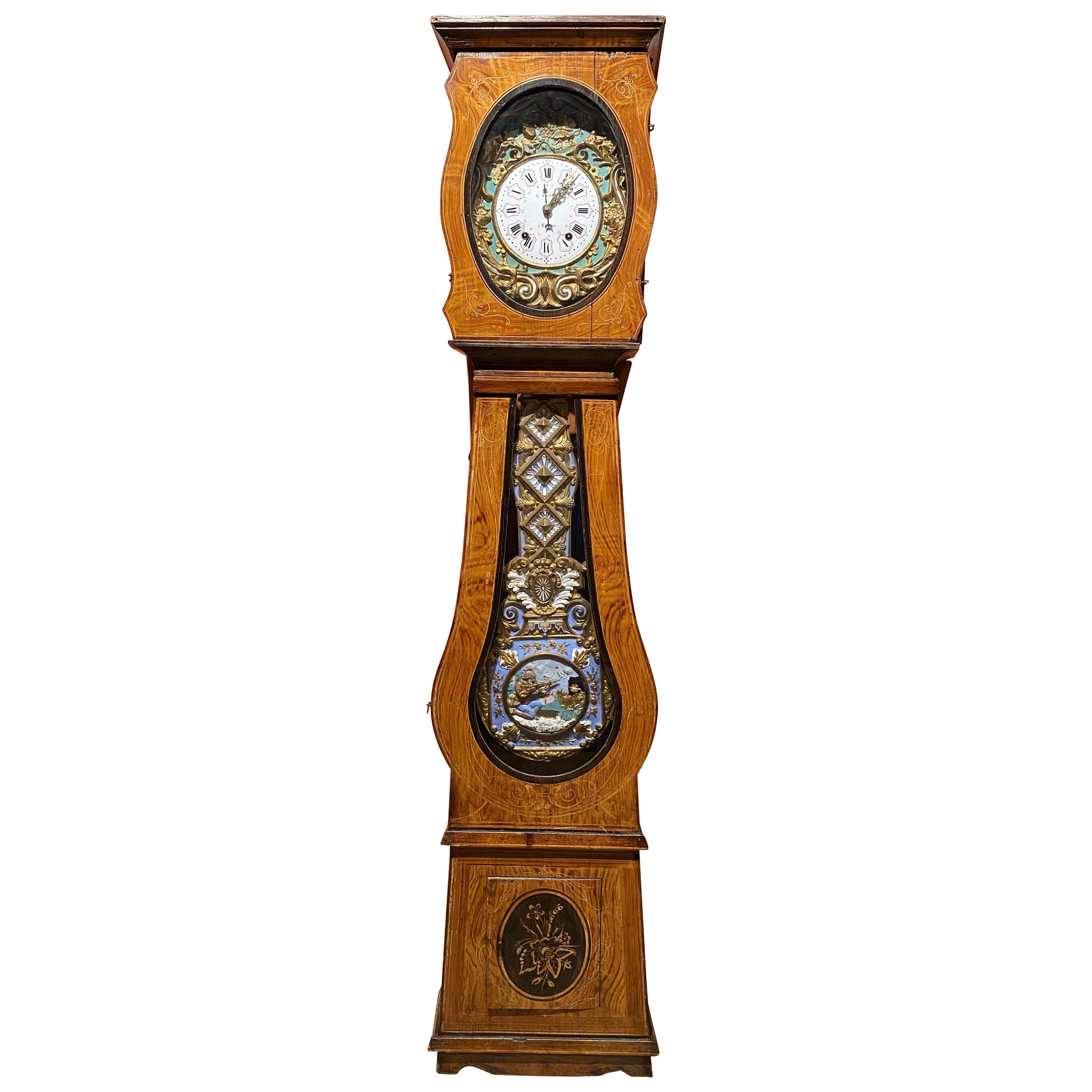 19th C French Tall Case Morbier Clock or Comtoise Signed B. Bignon à la Martigné