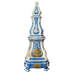 19th-C. French Terracotta Pottery Blue & White Majolica Glazed Stove / Obelisk