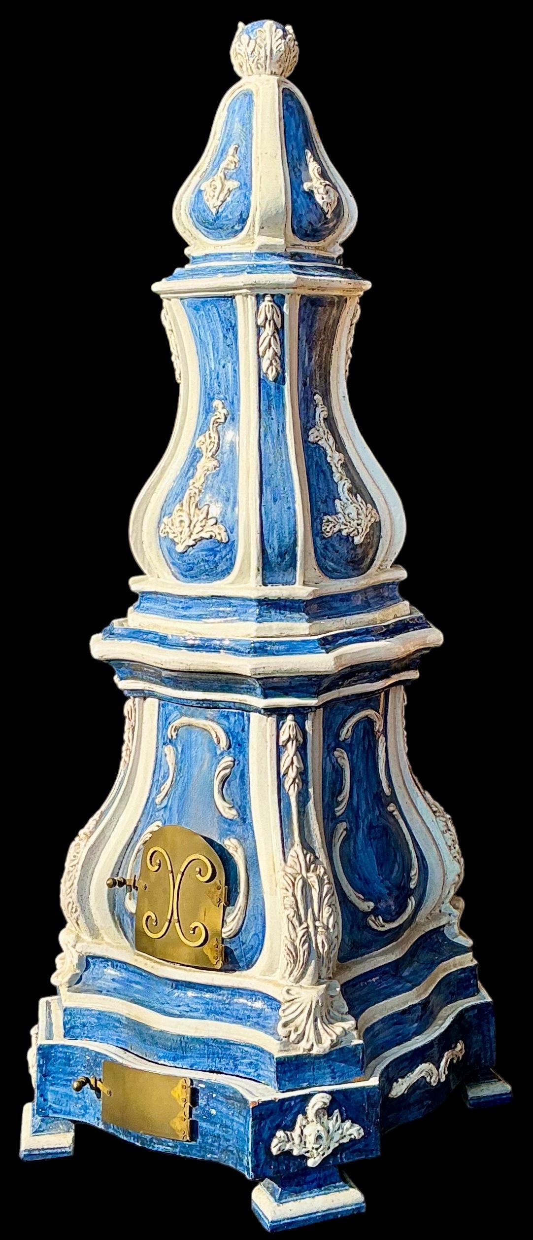 Rococo 19th-C. French Terracotta Pottery Blue & White Majolica Glazed Stove / Obelisk For Sale