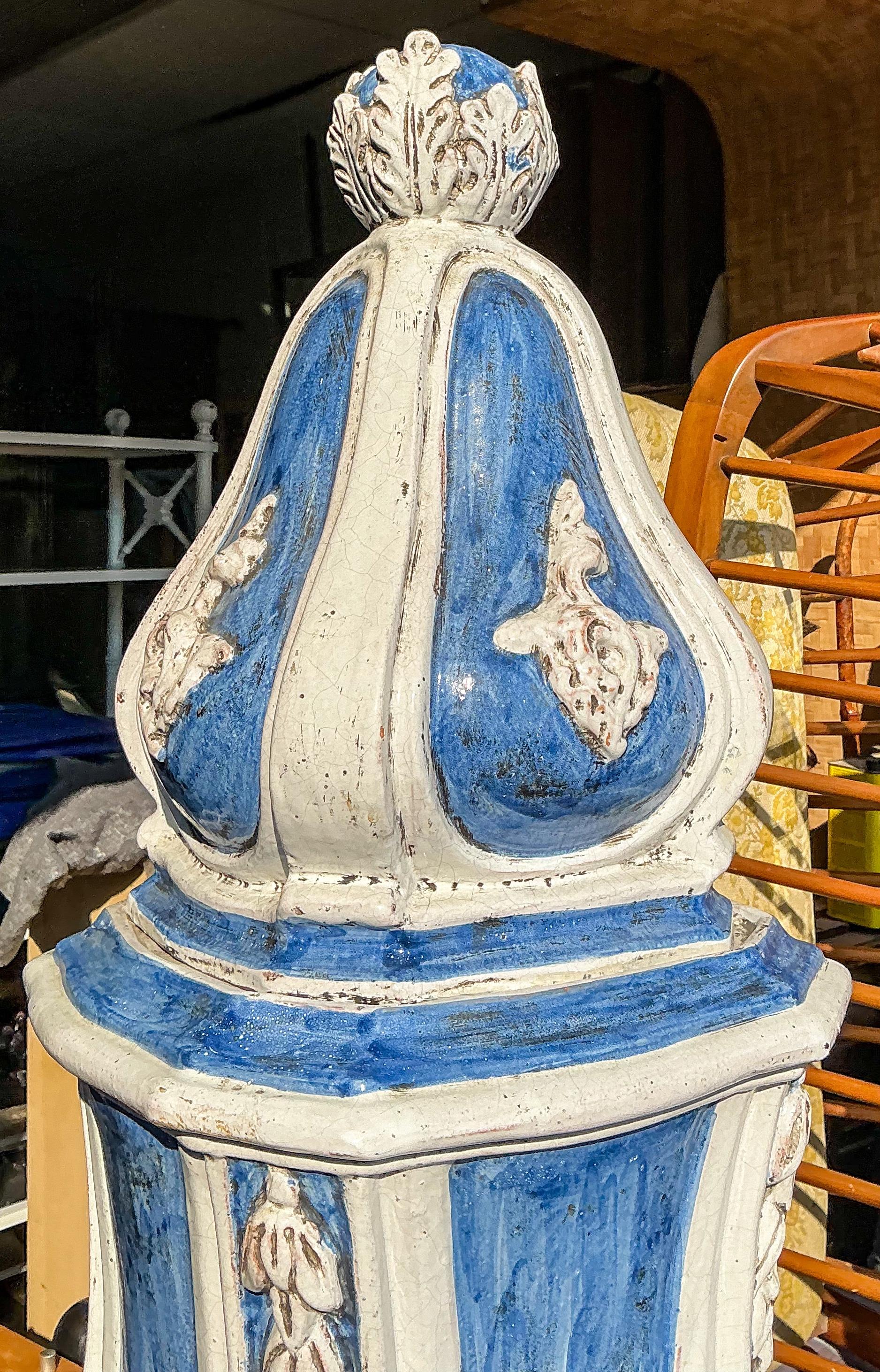 19th-C. French Terracotta Pottery Blue & White Majolica Glazed Stove / Obelisk In Good Condition For Sale In Kennesaw, GA