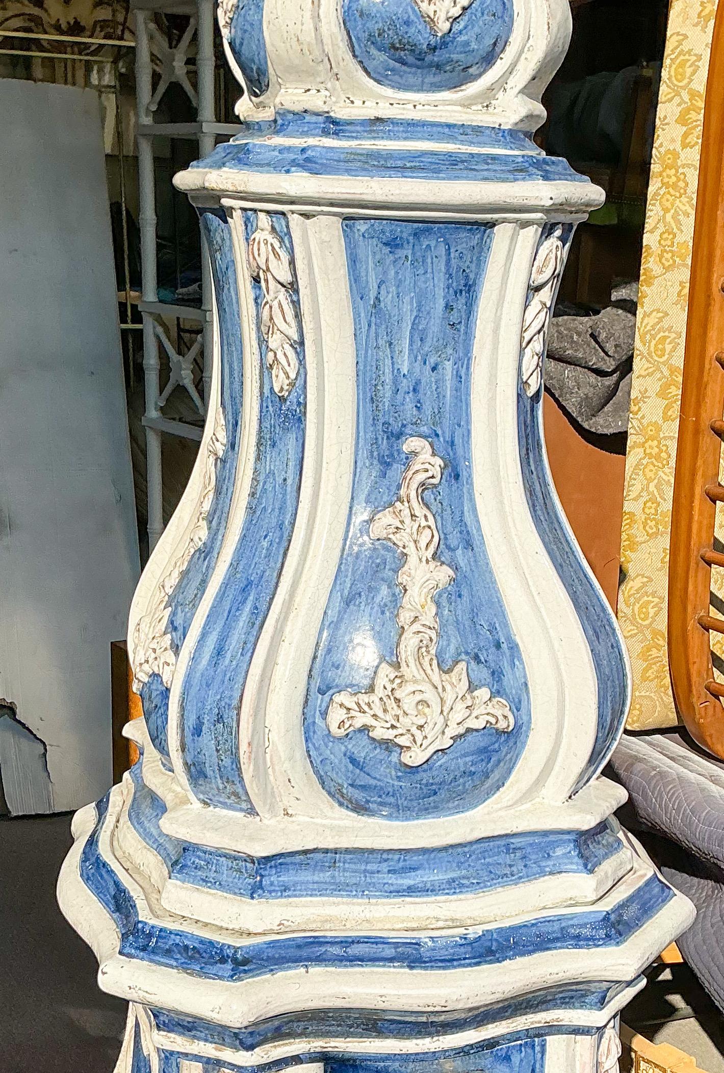 19th Century 19th-C. French Terracotta Pottery Blue & White Majolica Glazed Stove / Obelisk For Sale