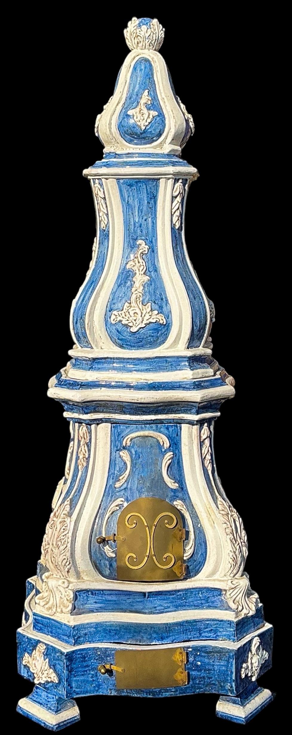 Brass 19th-C. French Terracotta Pottery Blue & White Majolica Glazed Stove / Obelisk For Sale